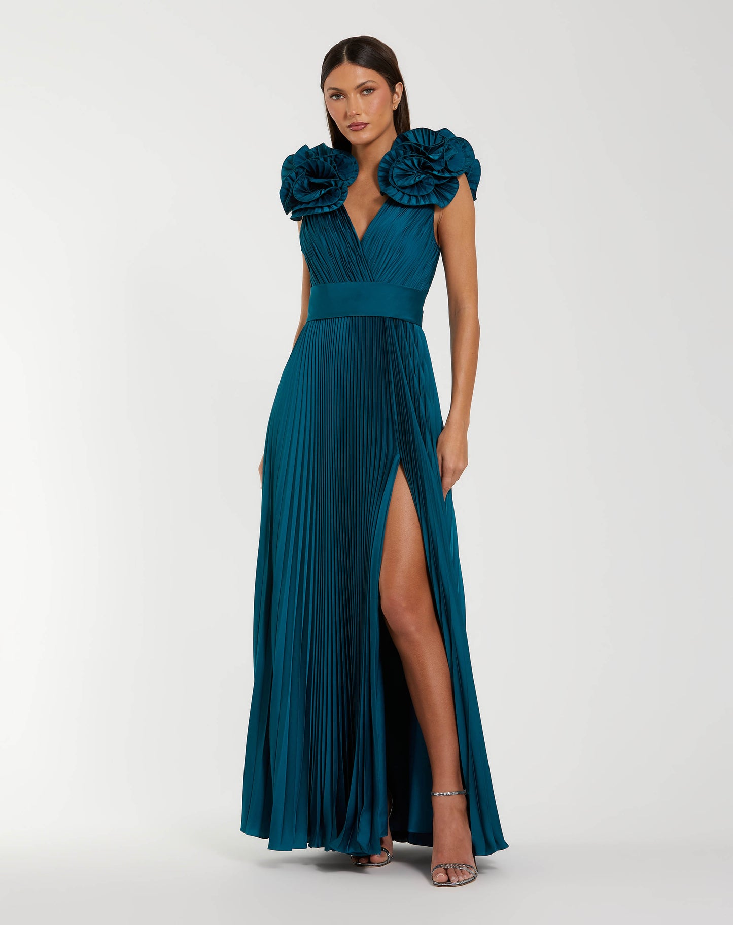 Blue Ruffle Shoulder Pleated Gown With Slit Mac Duggal