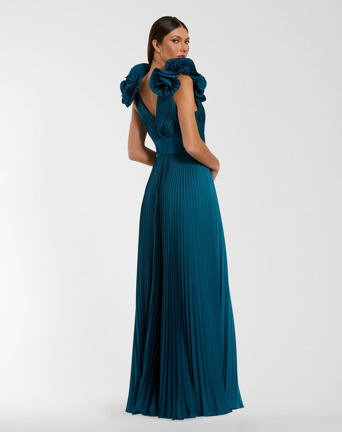 Blue Ruffle Shoulder Pleated Gown With Slit Mac Duggal