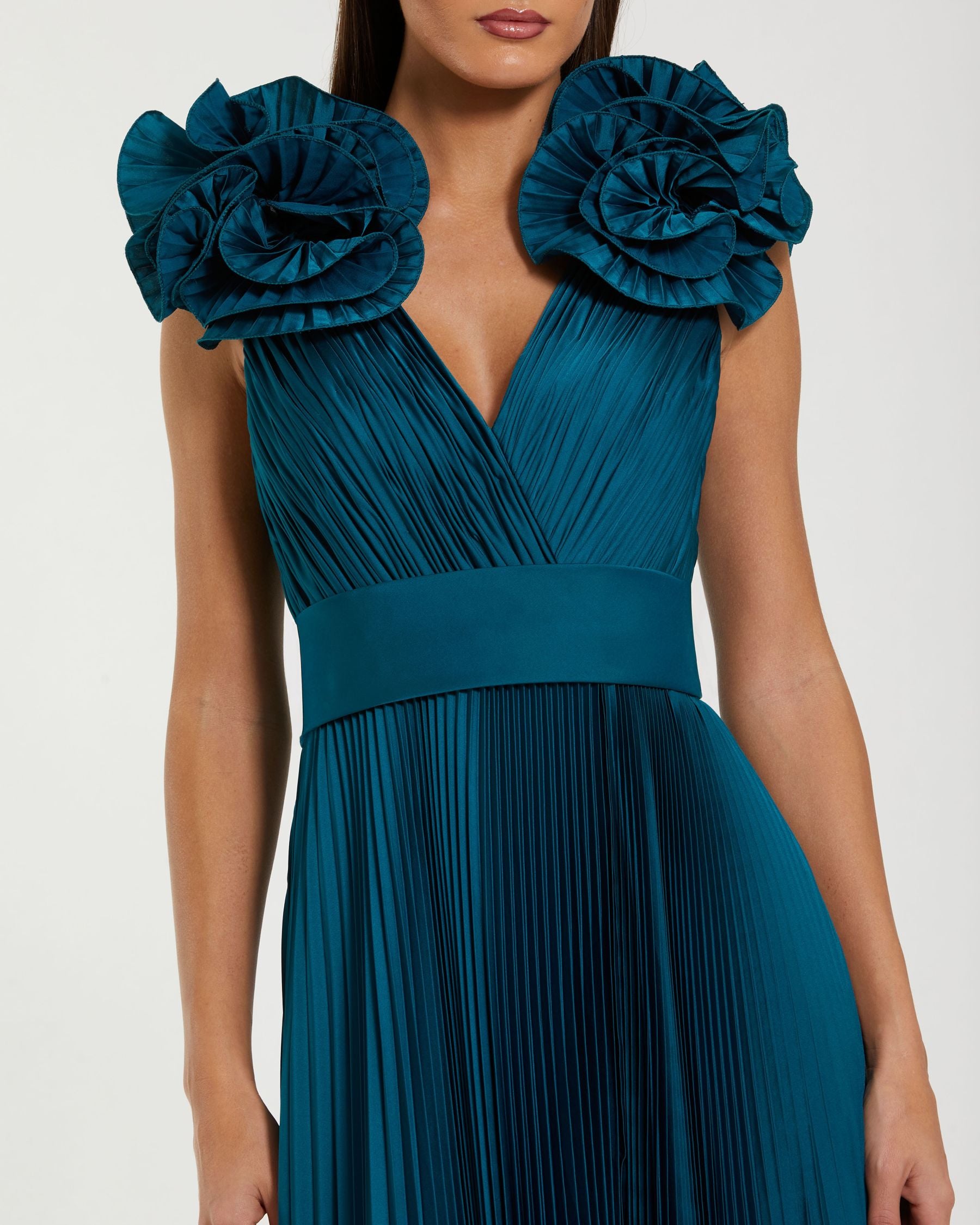 Blue Ruffle Shoulder Pleated Gown With Slit Mac Duggal