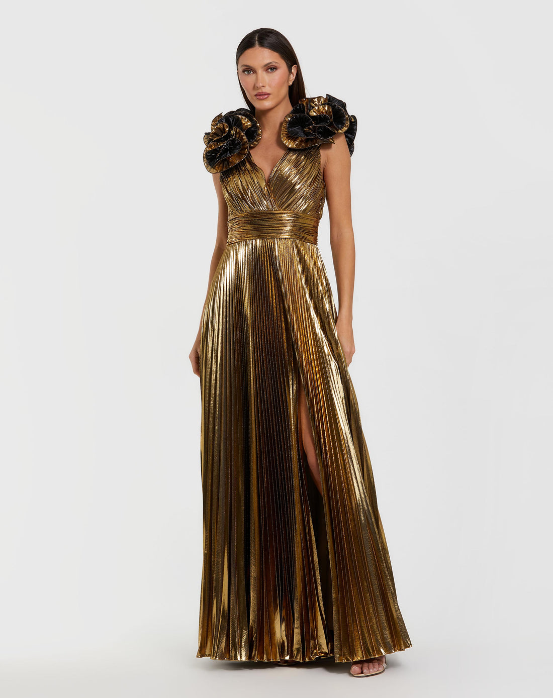 Gold Pleated Metallic V Neck Gown With Ruffle Detail - Ieena for Mac Duggal