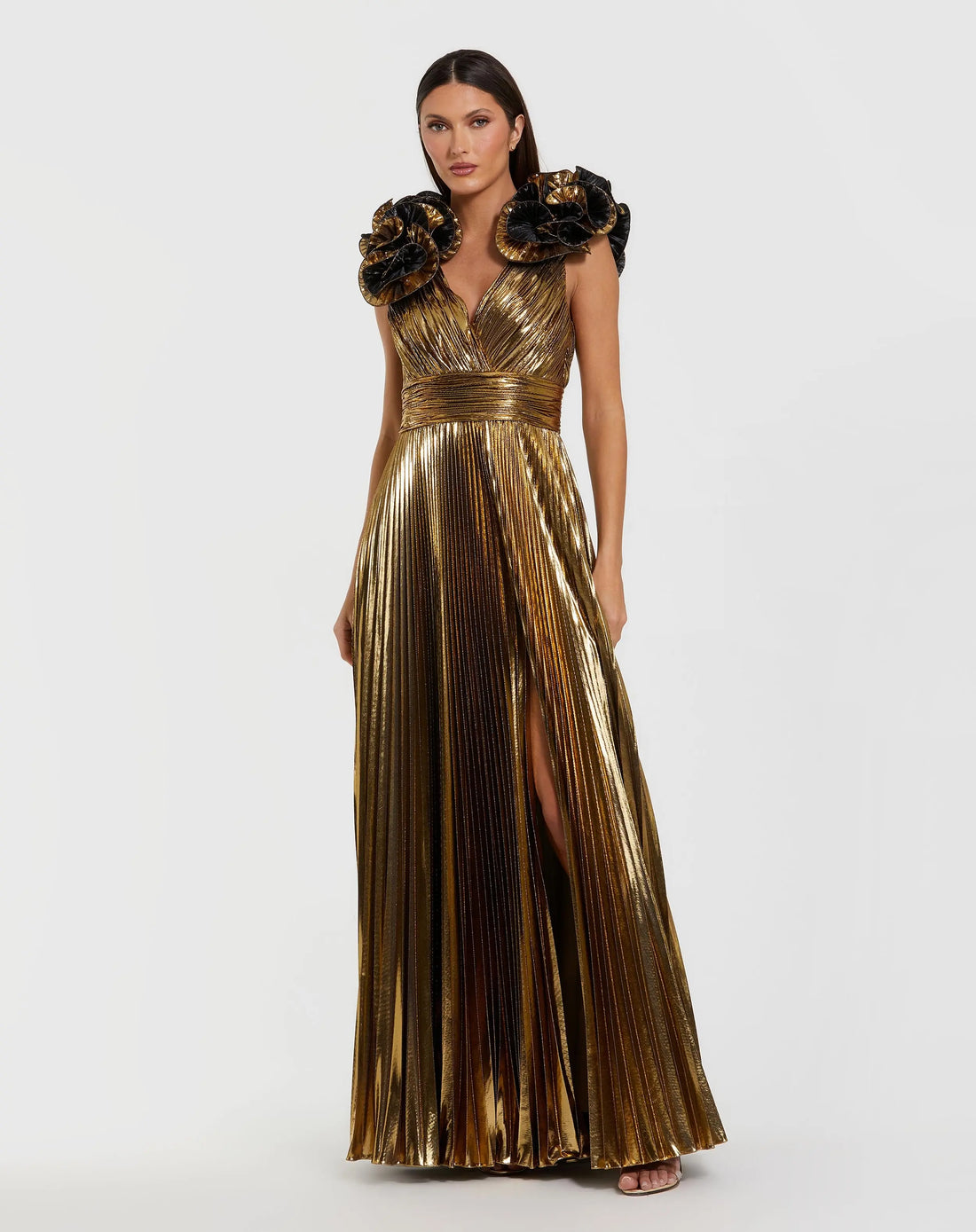 Gold Metallic Pleated Gown with Ruffle Shoulder Detail | Mac Duggal Gold Metallic Pleated Gown with Ruffle Shoulder Detail | Mac Duggal