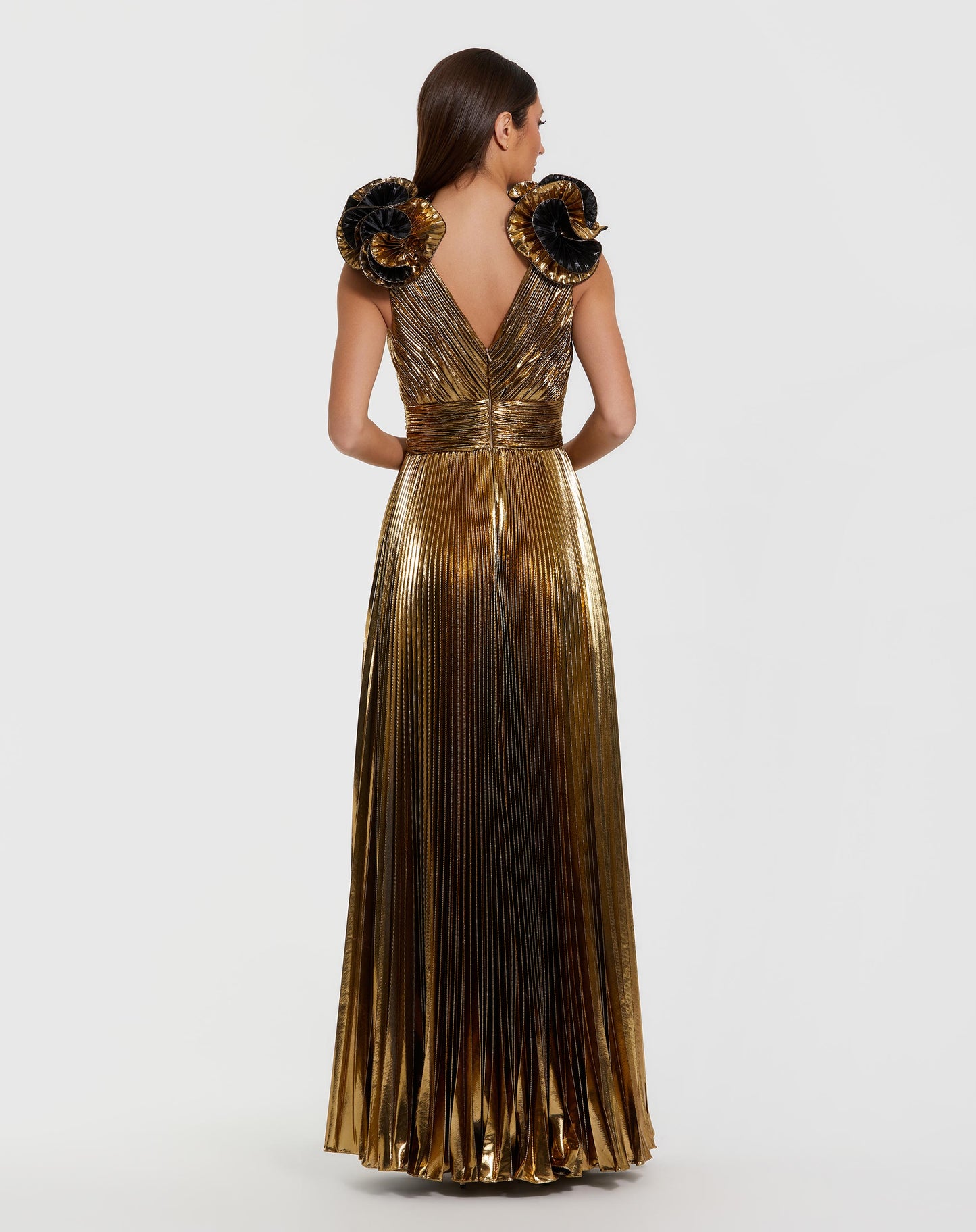 Gold Pleated Metallic V Neck Gown With Ruffle Detail - Ieena for Mac Duggal