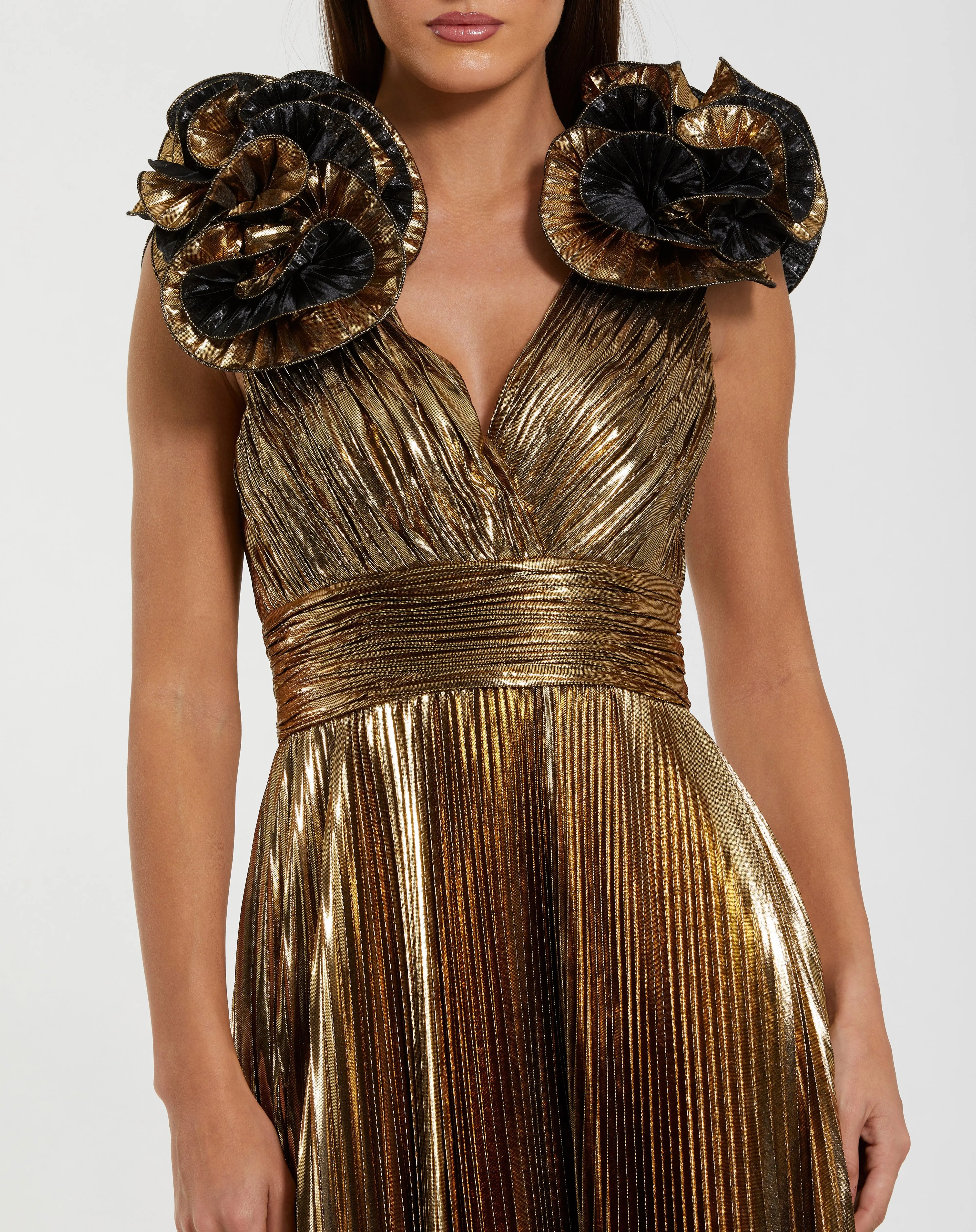Gold Metallic Pleated Gown with Ruffle Shoulder Detail Ieena for Mac Duggal