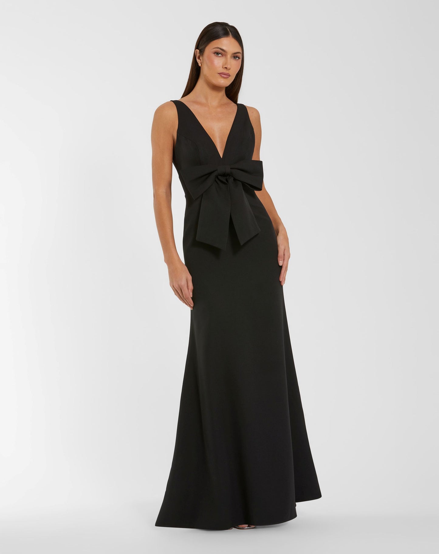 Black Crepe Sleeveless V-Neck Gown with Bow - Ieena for Mac Duggal