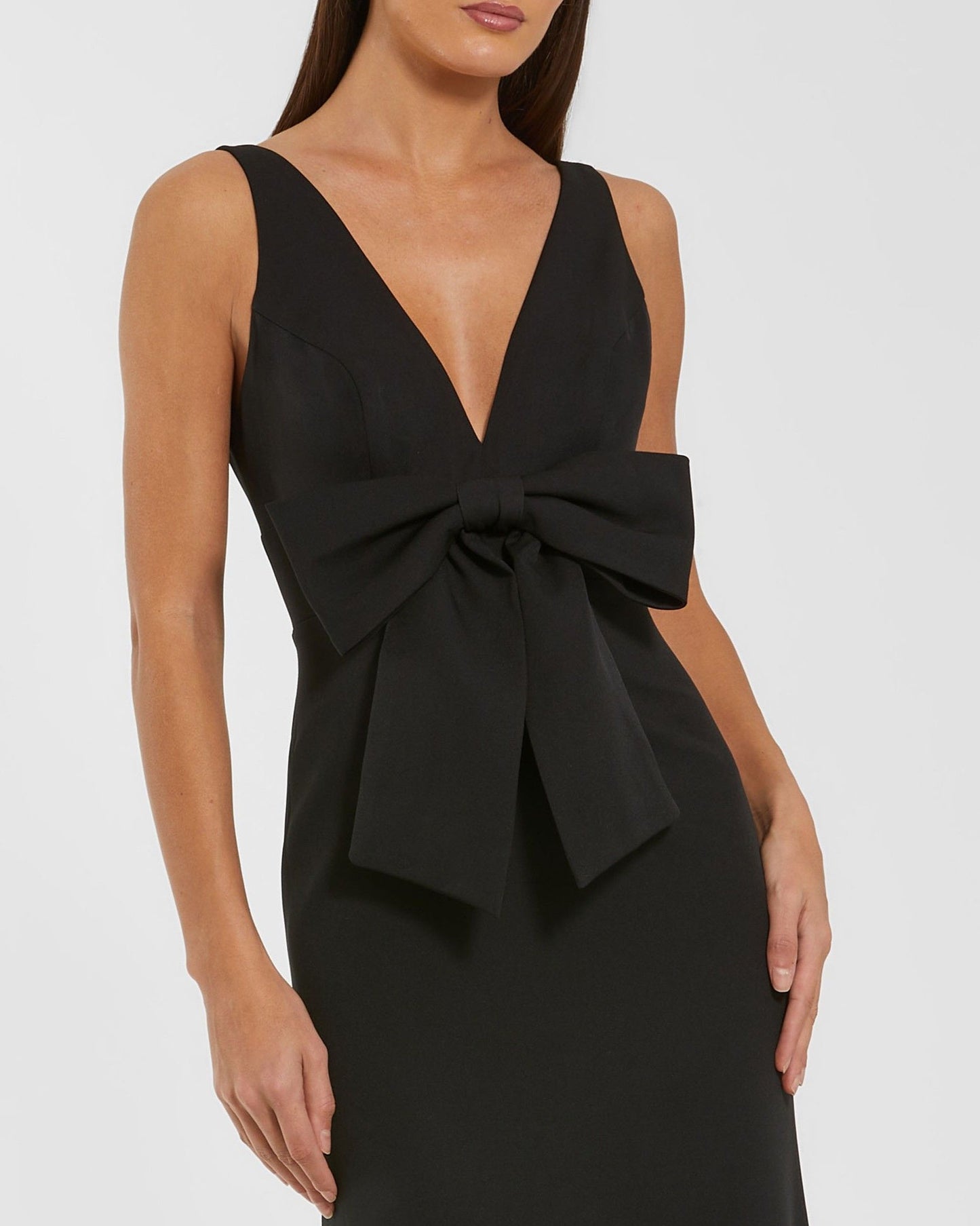 Black Crepe Sleeveless V-Neck Gown with Bow - Ieena for Mac Duggal