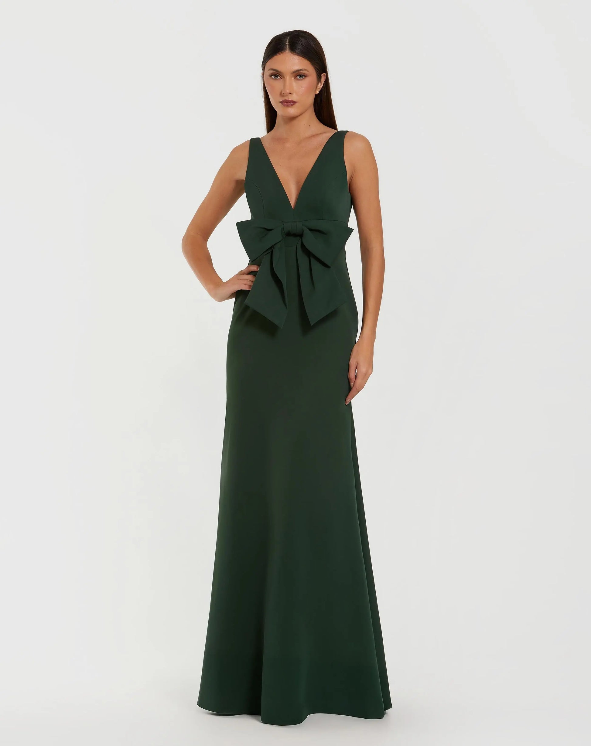 Green Crepe Sleeveless V-Neck Gown with Bow | Mac Duggal Green Crepe Sleeveless V-Neck Gown with Bow | Mac Duggal