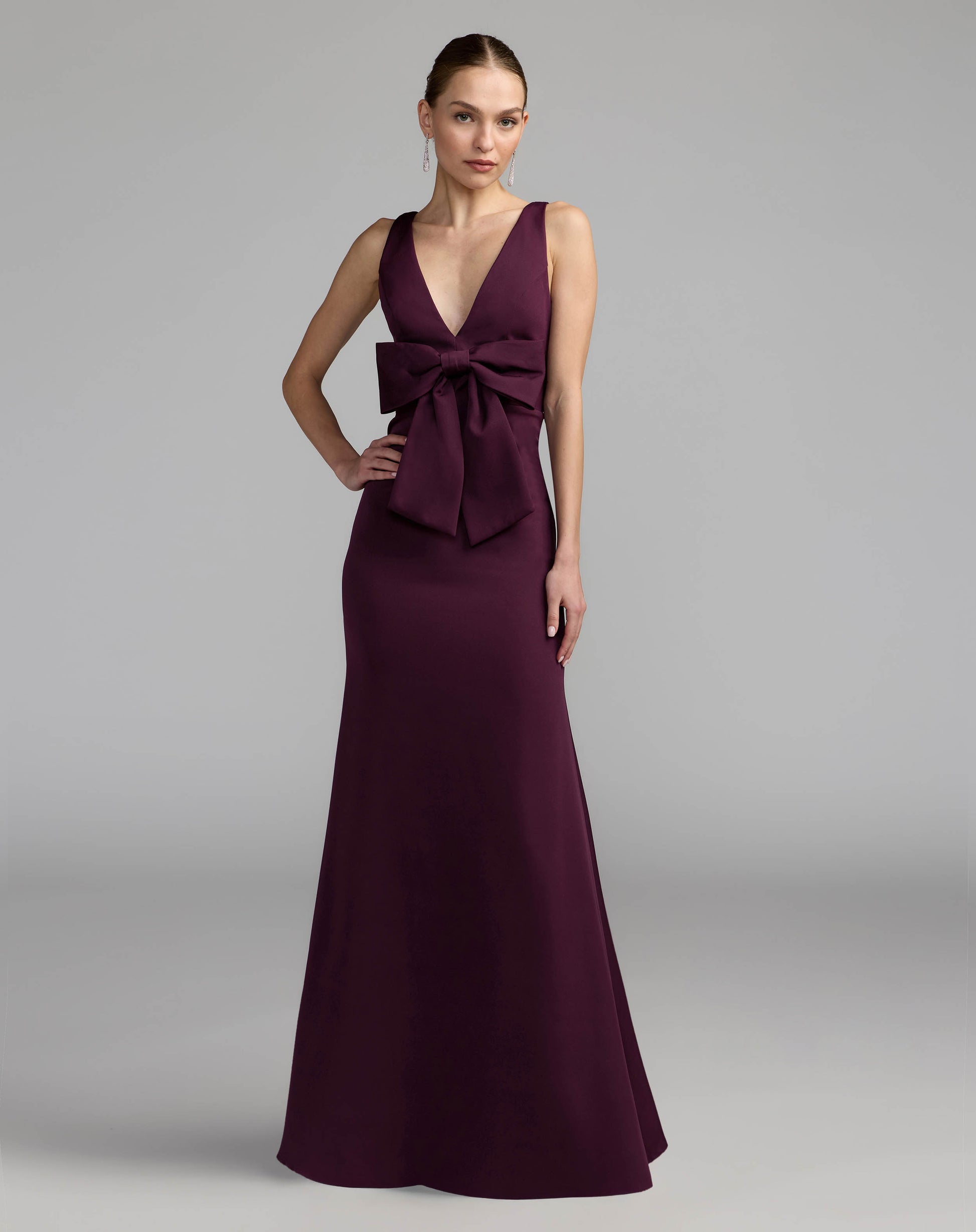 Purple Crepe Sleeveless V-Neck Gown with Bow Ieena for Mac Duggal