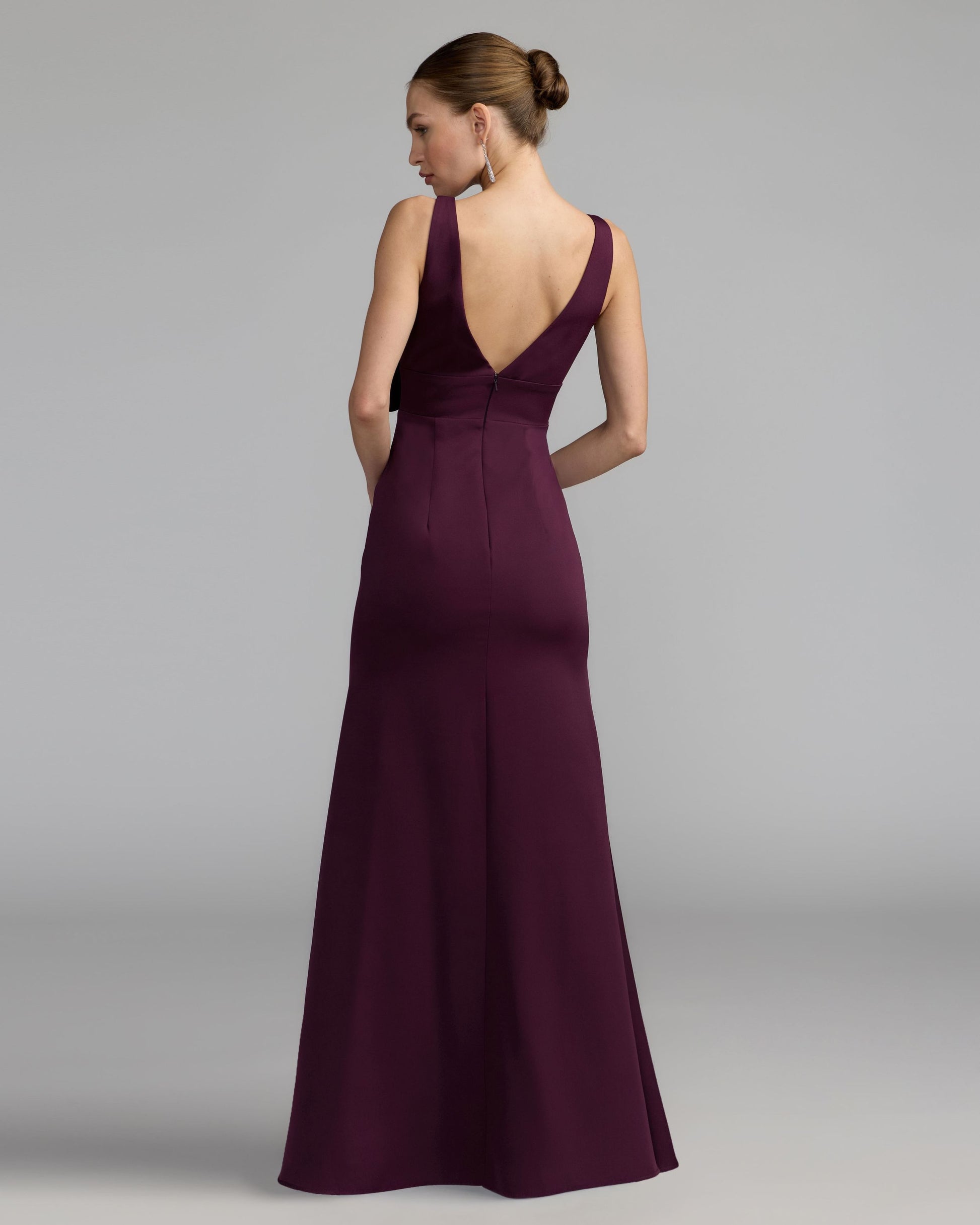 Purple Crepe Sleeveless V-Neck Gown with Bow Ieena for Mac Duggal