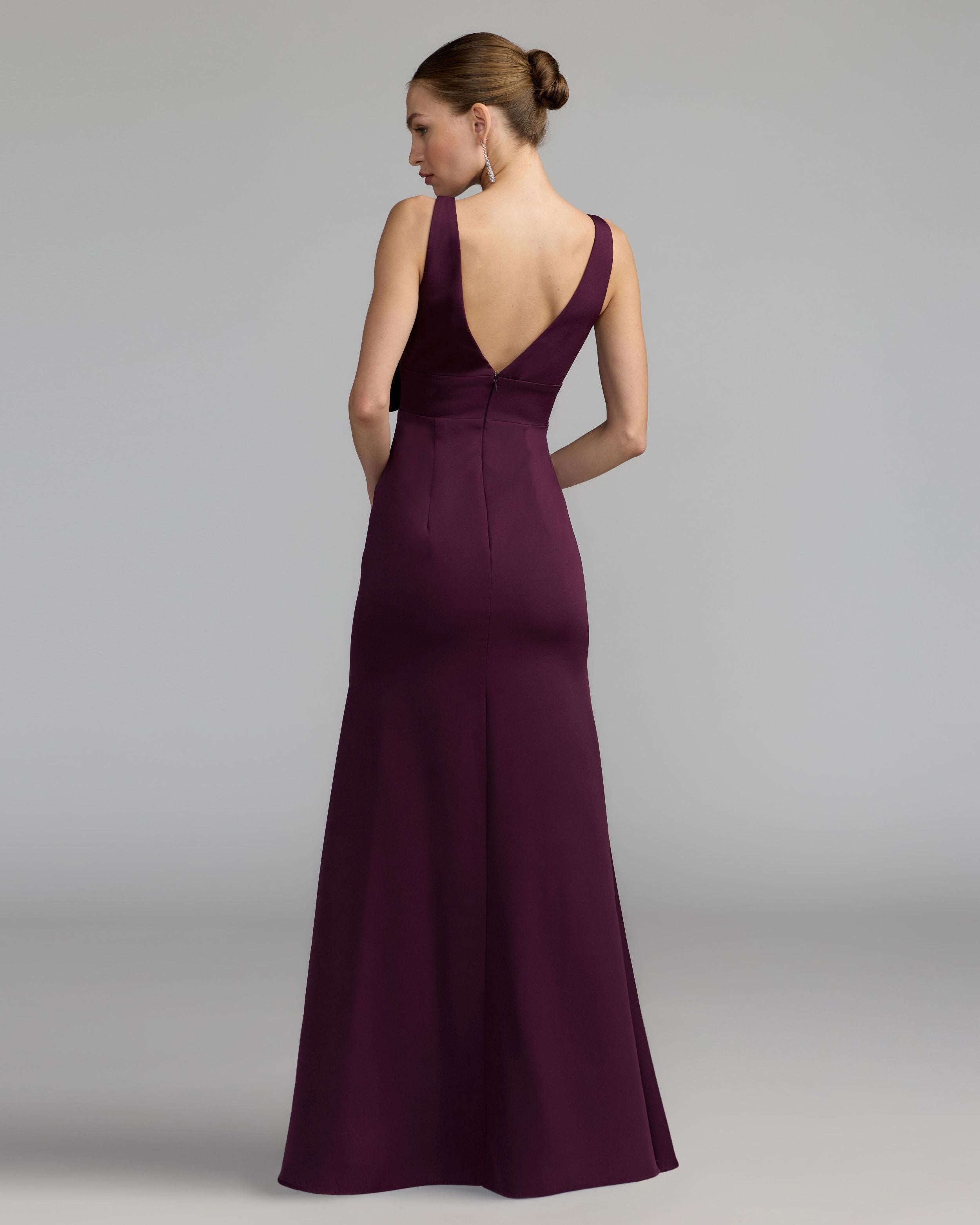 Purple Crepe Sleeveless V-Neck Gown with Bow Ieena for Mac Duggal