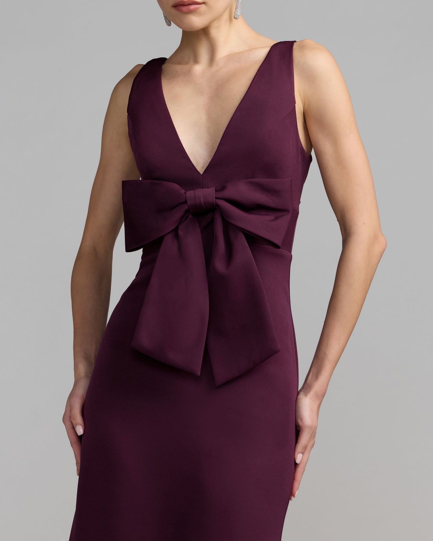 Purple Crepe Sleeveless V-Neck Gown with Bow Ieena for Mac Duggal