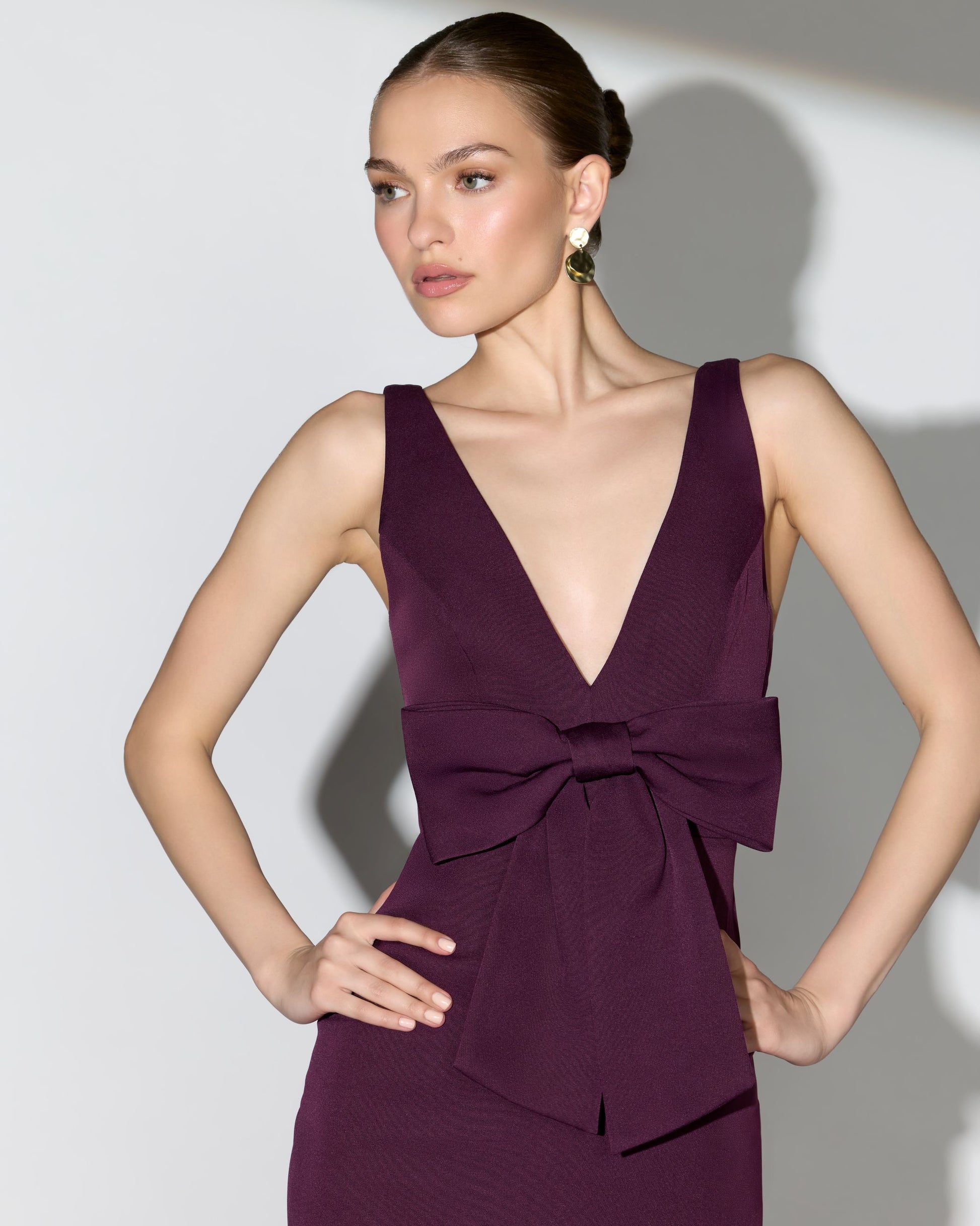 Purple Crepe Sleeveless V-Neck Gown with Bow Ieena for Mac Duggal