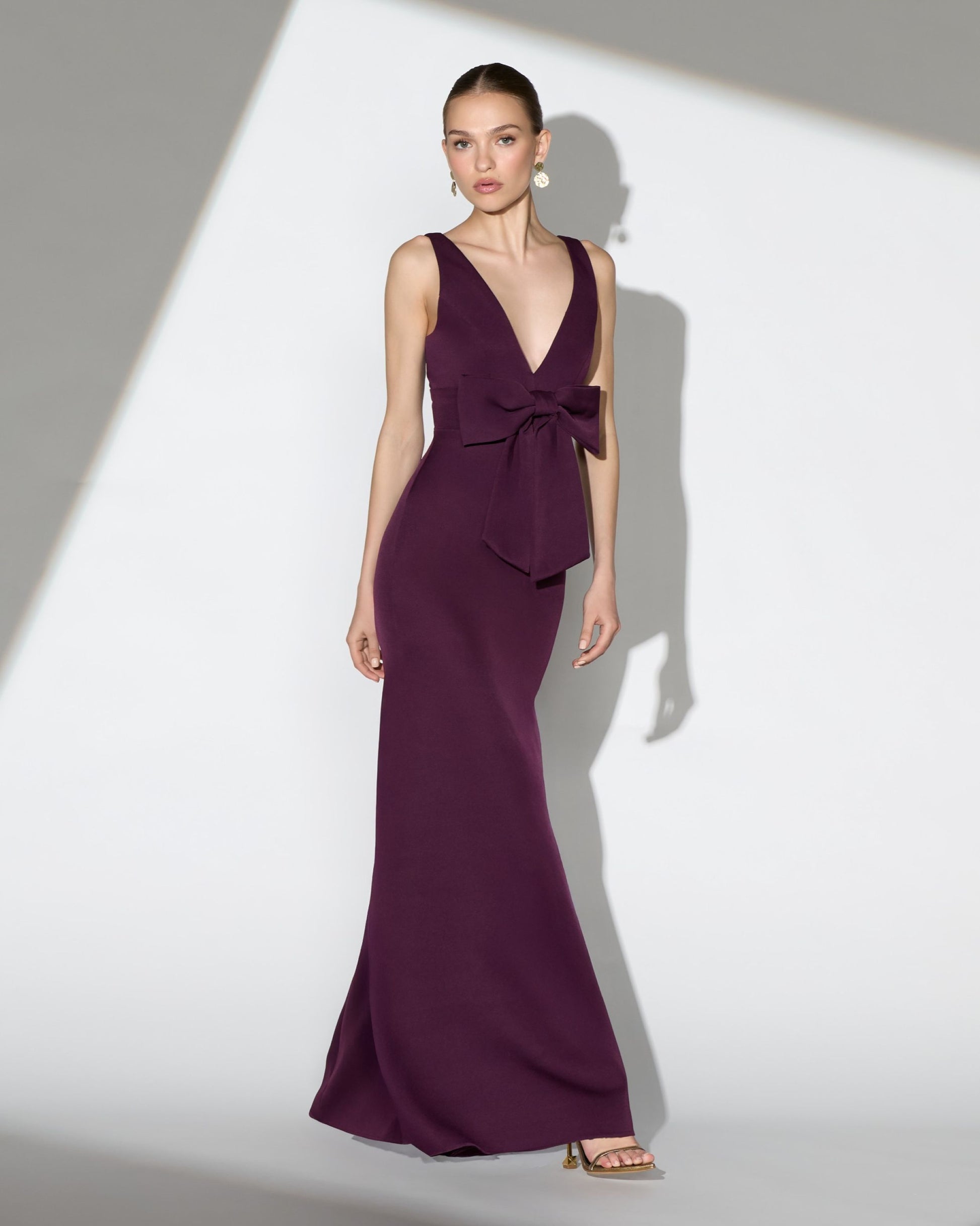 Purple Crepe Sleeveless V-Neck Gown with Bow Ieena for Mac Duggal