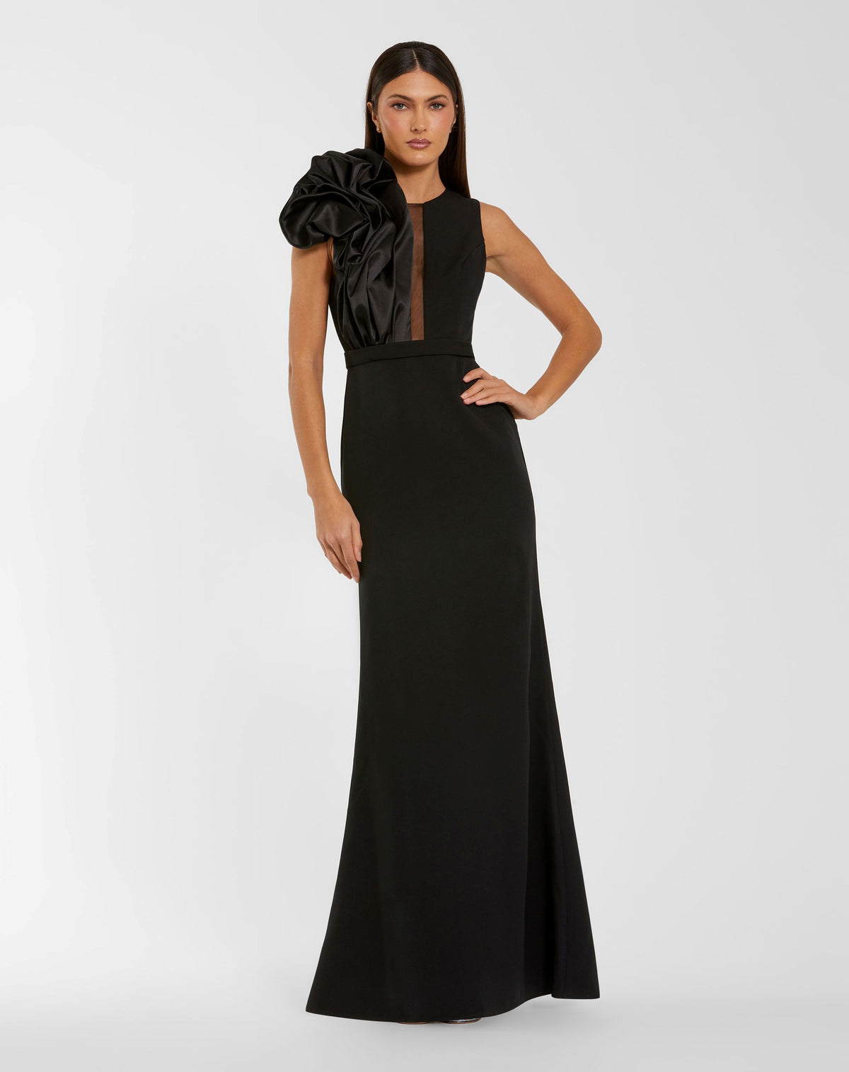 Black High Neck Crepe Column Gown With Ruffle - Ieena for Mac Duggal 