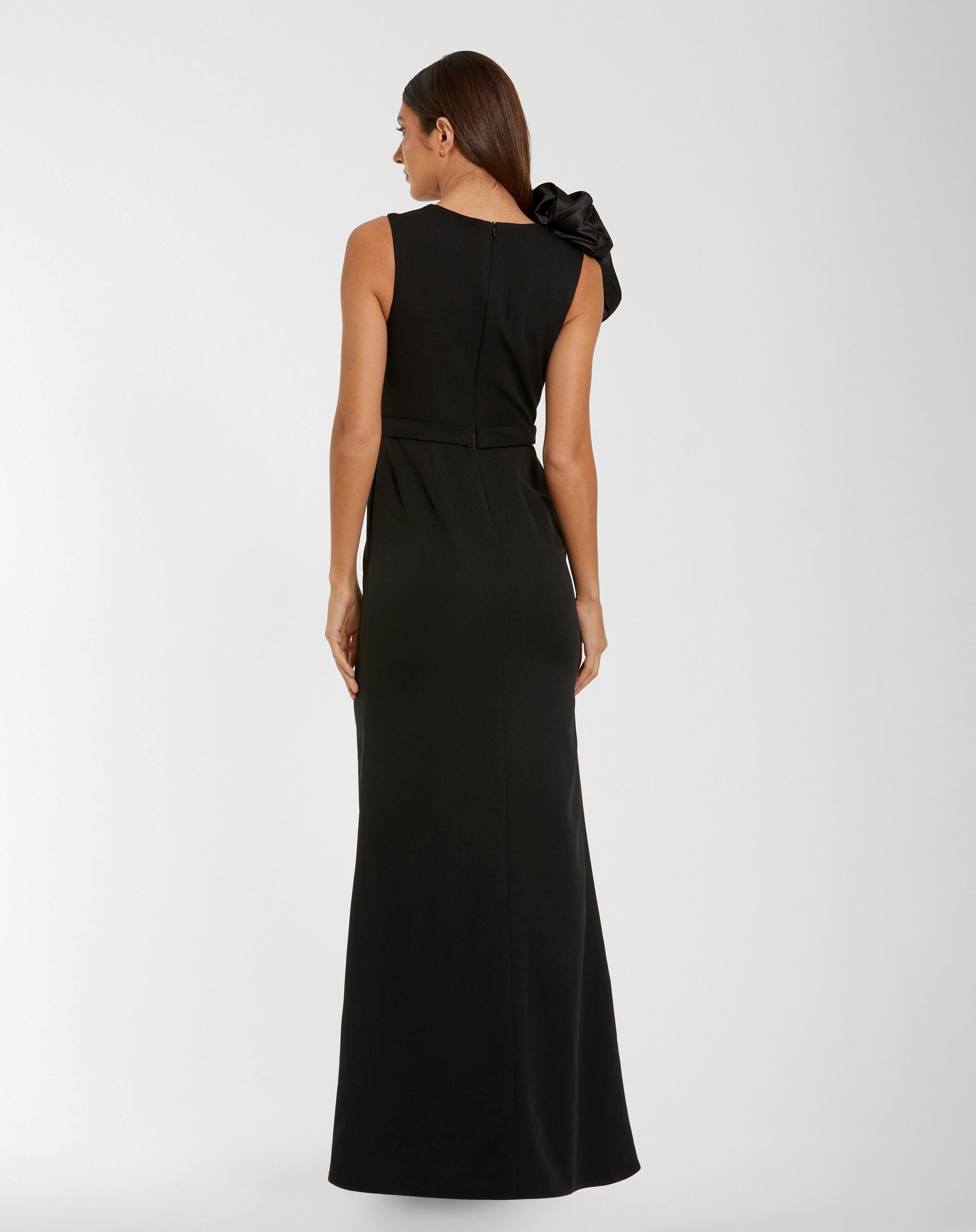 Black High Neck Crepe Column Gown With Ruffle - Ieena for Mac Duggal 