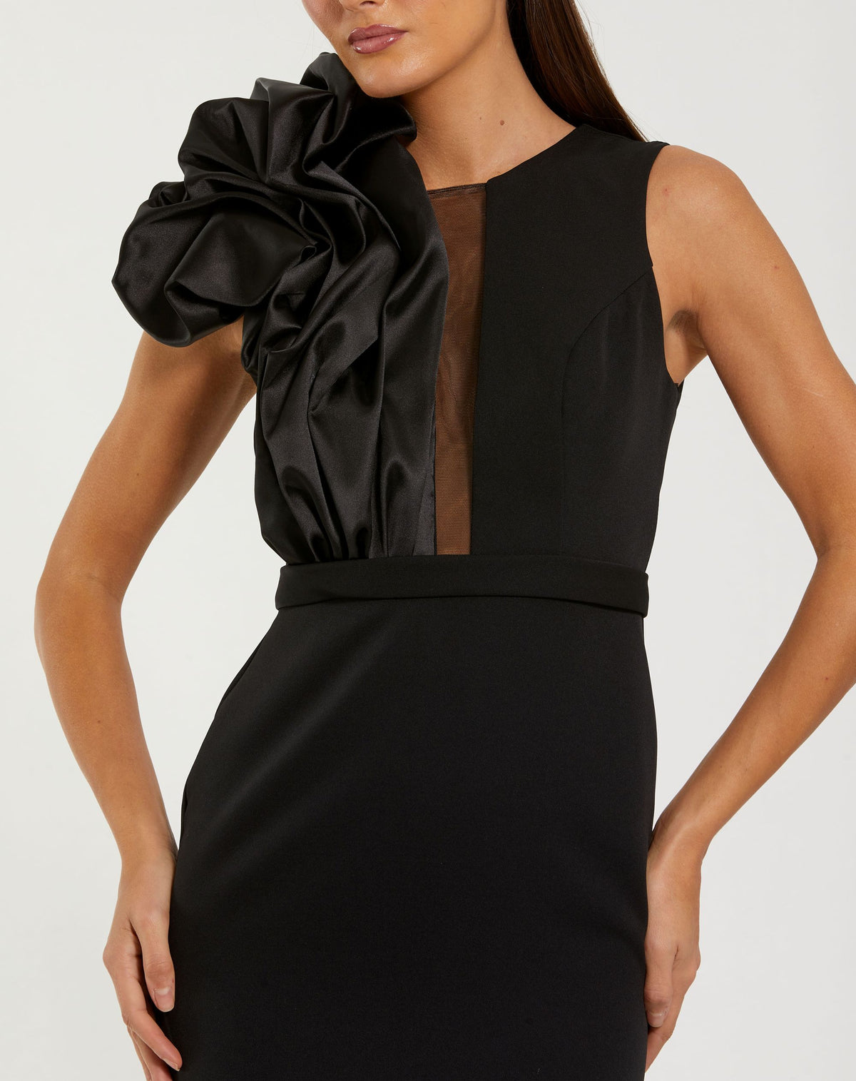 Black High Neck Crepe Column Gown With Ruffle - Ieena for Mac Duggal 