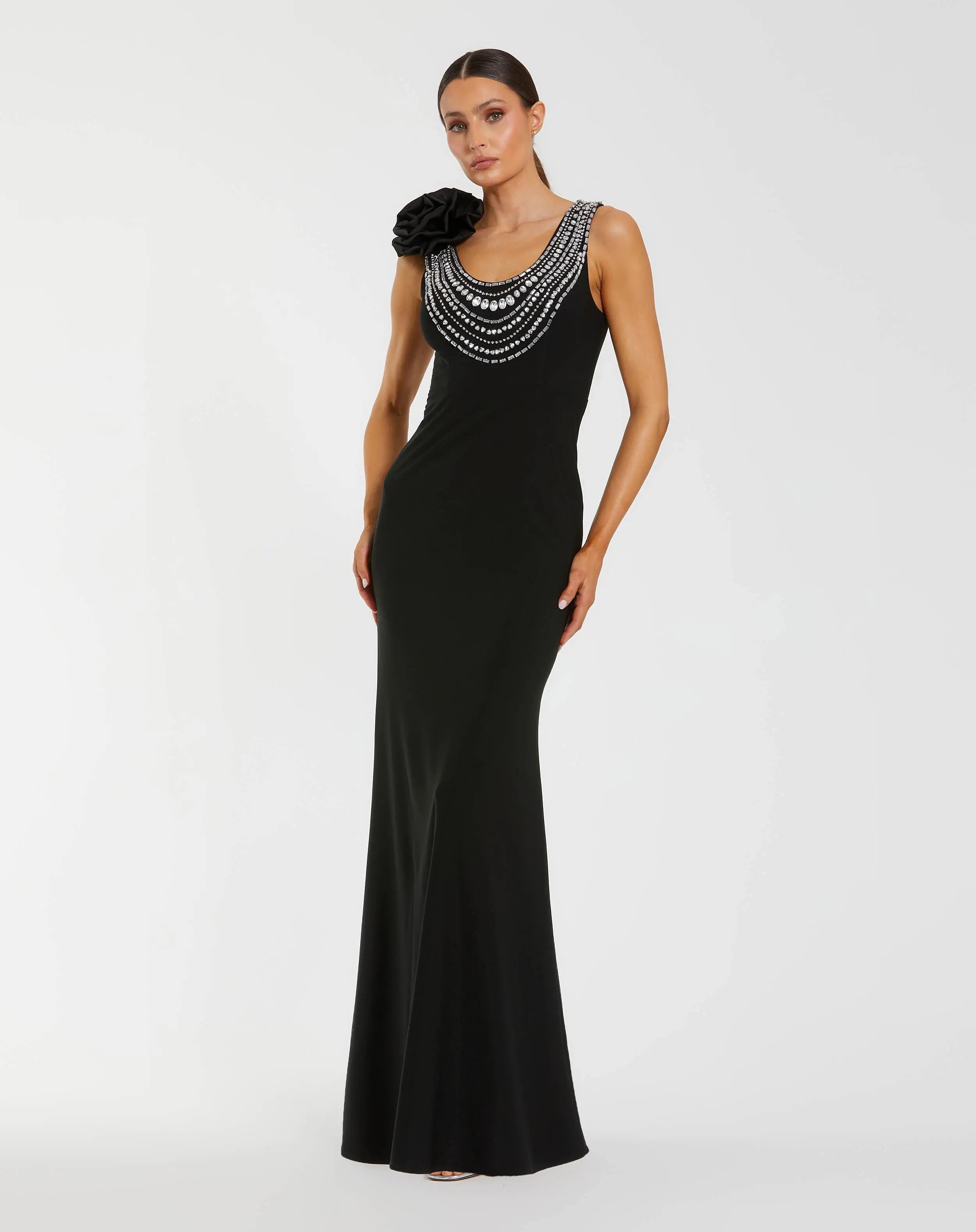 Black Beaded Scoop Neck Jersey Gown With 3D Flower - Ieena for Mac Duggal