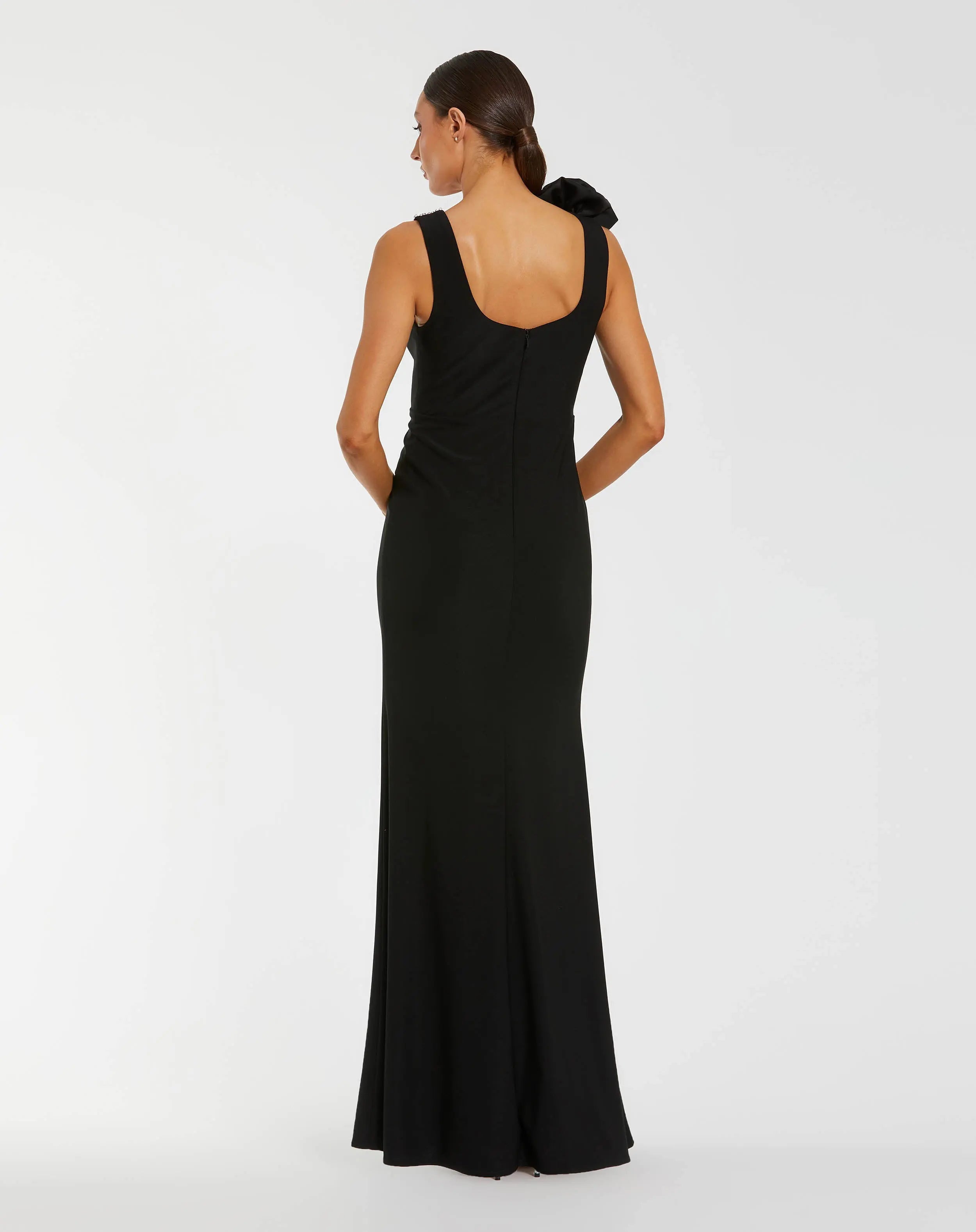 Black Beaded Scoop Neck Jersey Gown With 3D Flower - Ieena for Mac Duggal