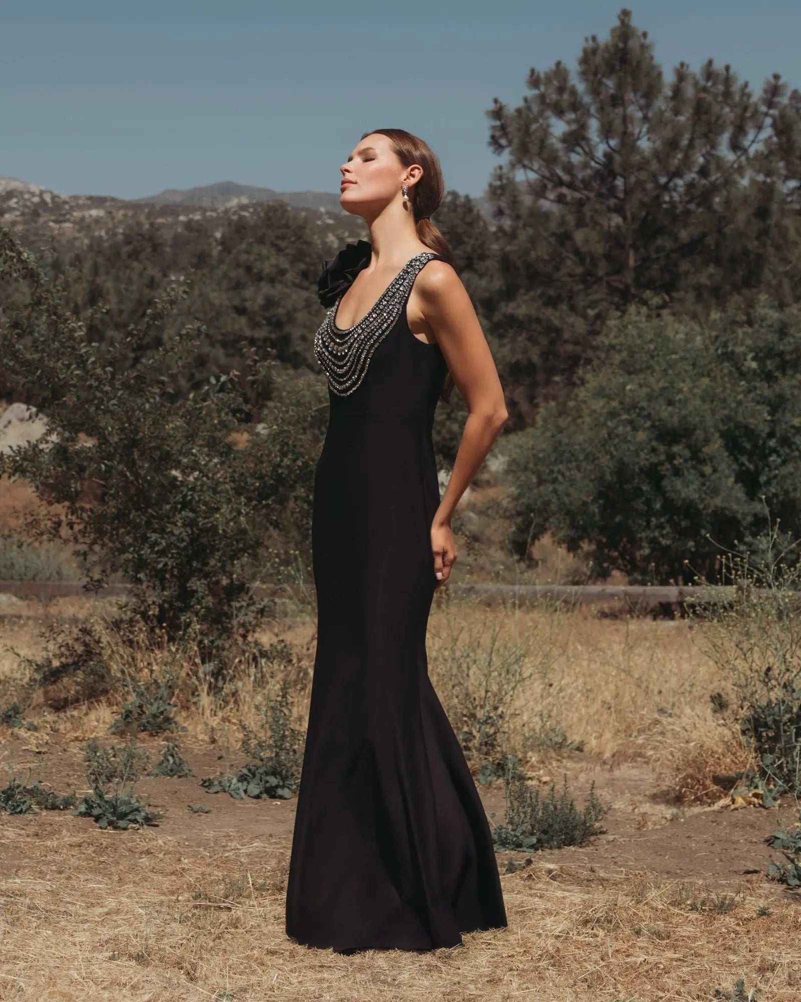 Black Beaded Scoop Neck Jersey Gown With 3D Flower - Ieena for Mac Duggal