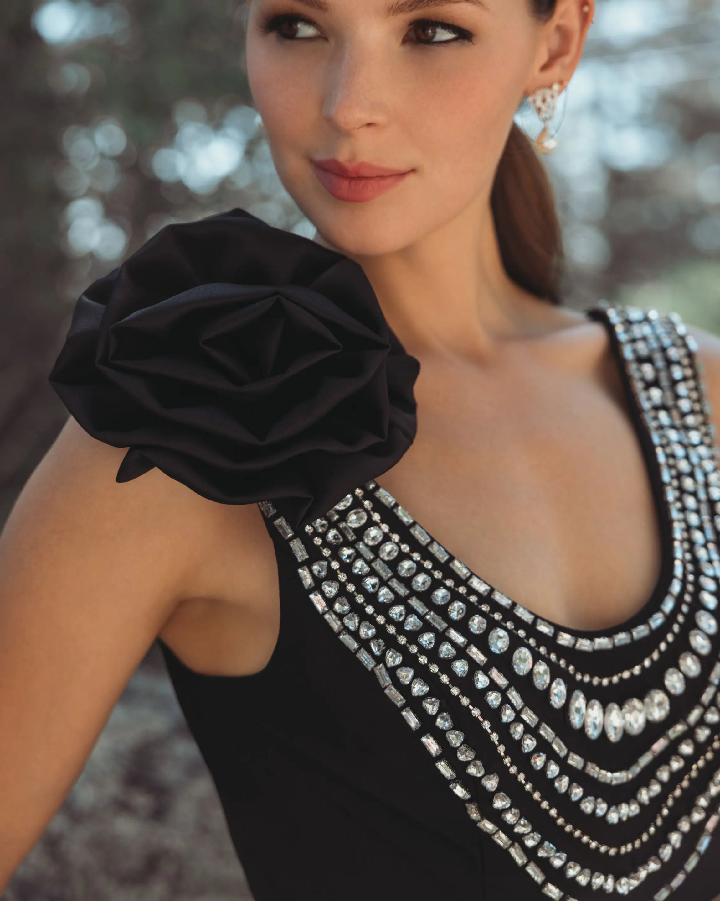 Black Beaded Scoop Neck Jersey Gown With 3D Flower - Ieena for Mac Duggal