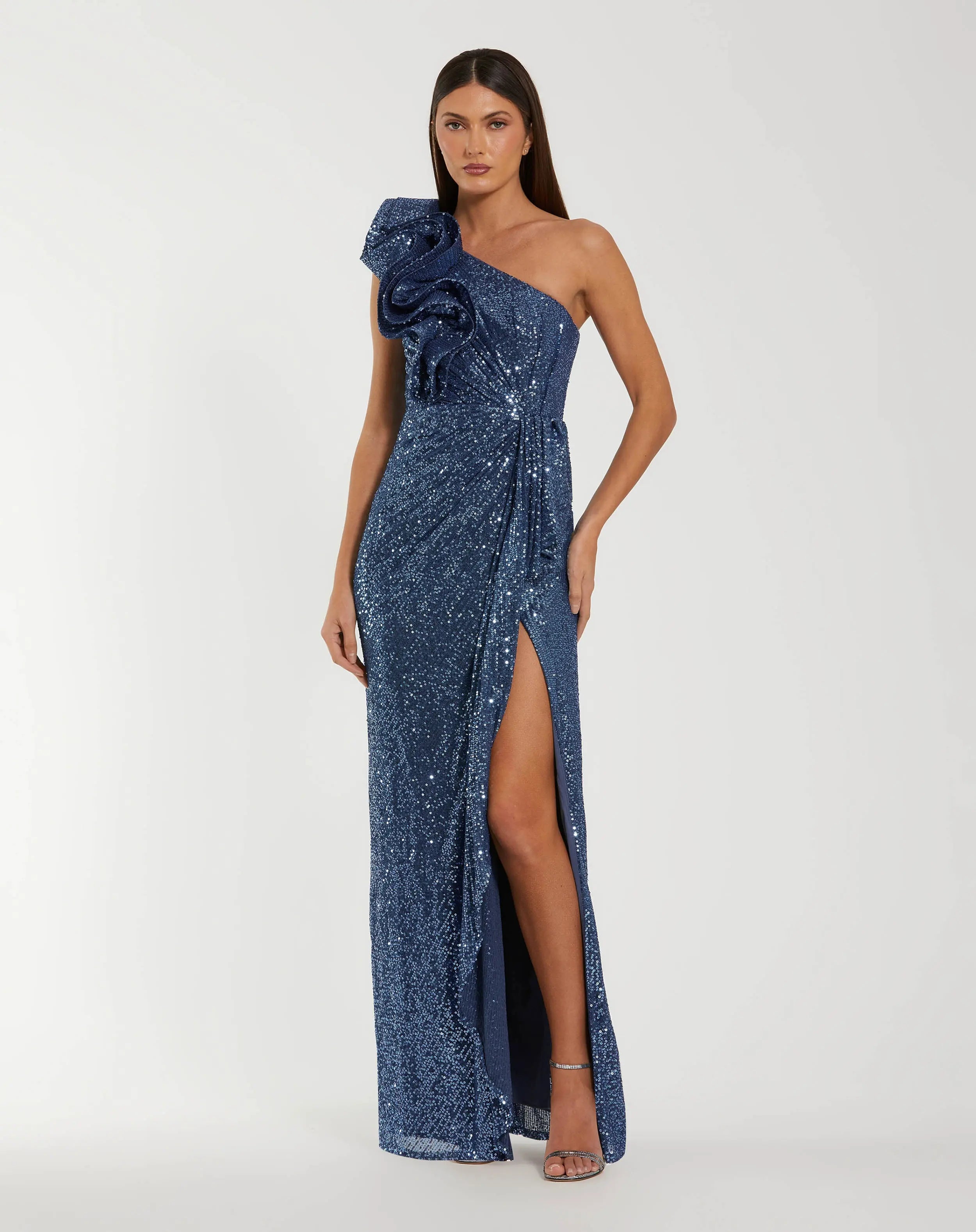 Blue One Shoulder Sequin Column Dress With Ruffle - Ieena for Mac Duggal