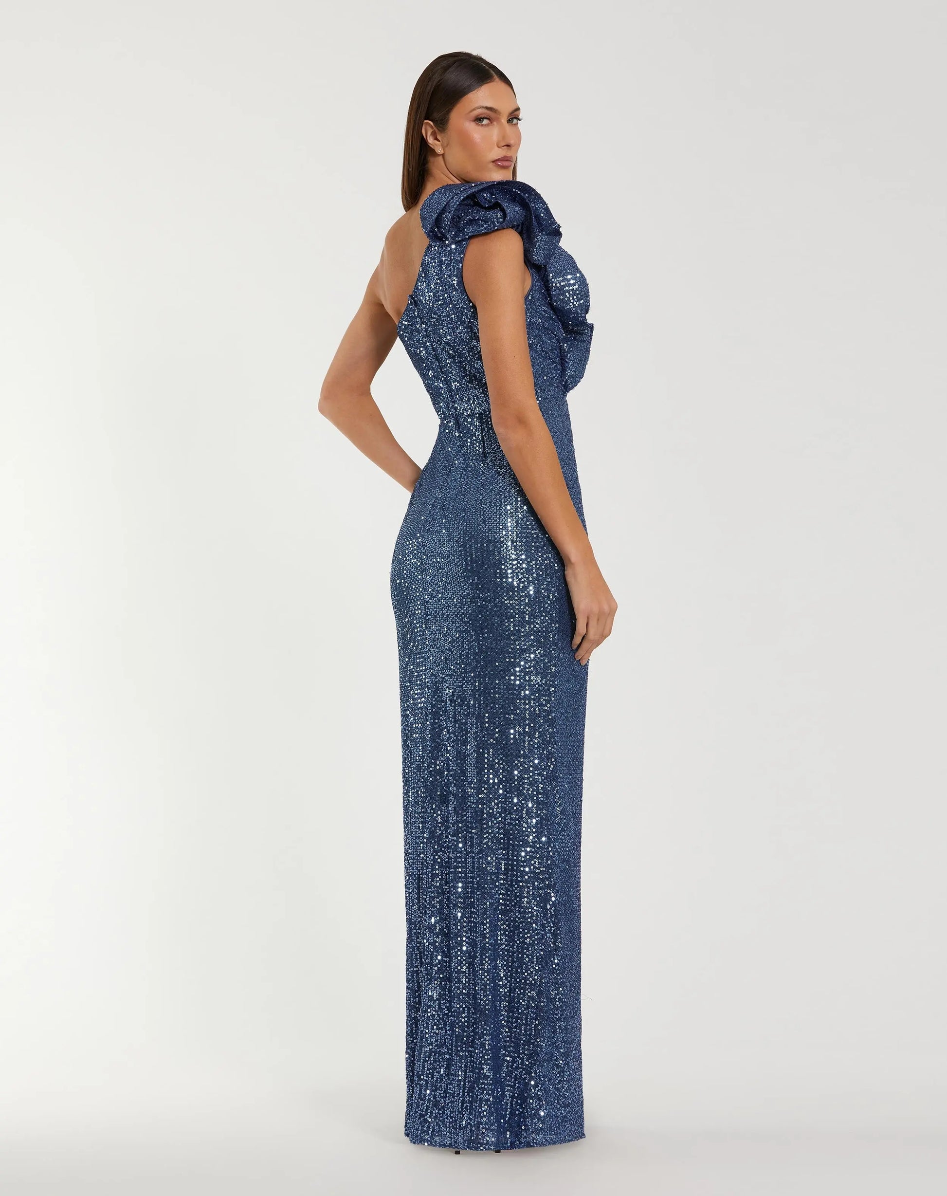 Blue One Shoulder Sequin Column Dress With Ruffle - Ieena for Mac Duggal