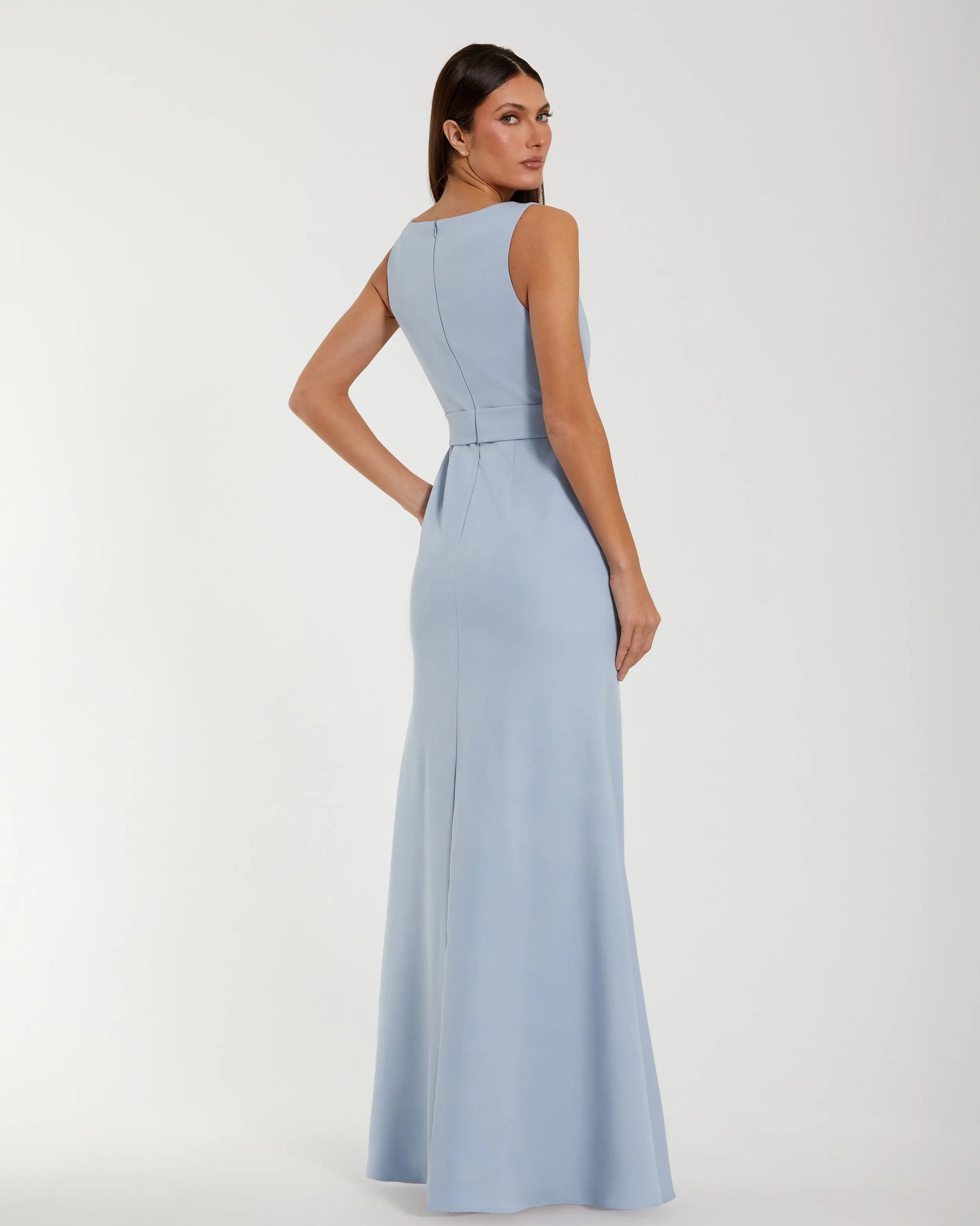 Blue Boat Neck Crepe A Line Gown With Flower | Mac Duggal Blue Boat Neck Crepe A Line Gown With Flower | Mac Duggal