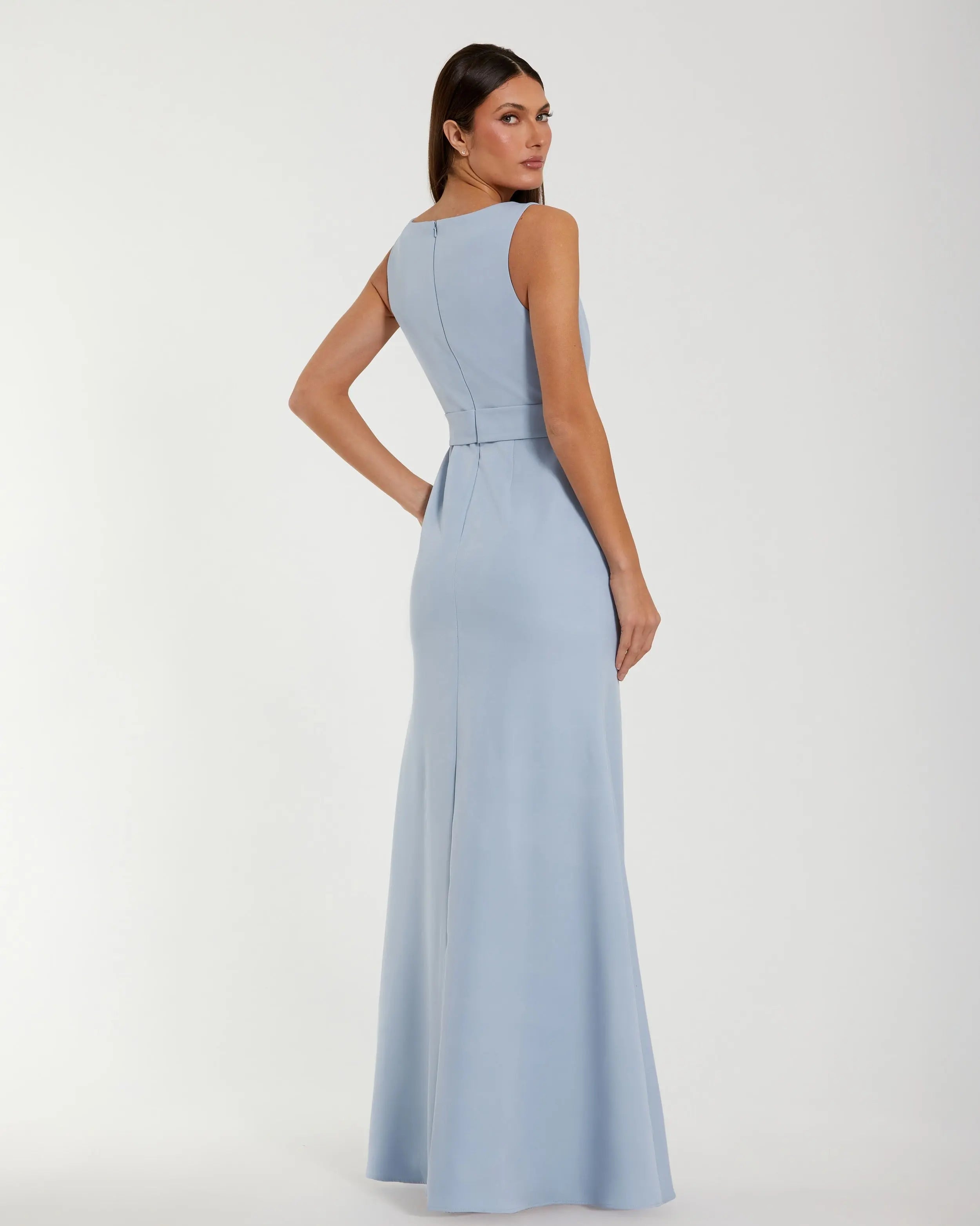 Blue Boat Neck Crepe A Line Gown With Flower Ieena for Mac Duggal