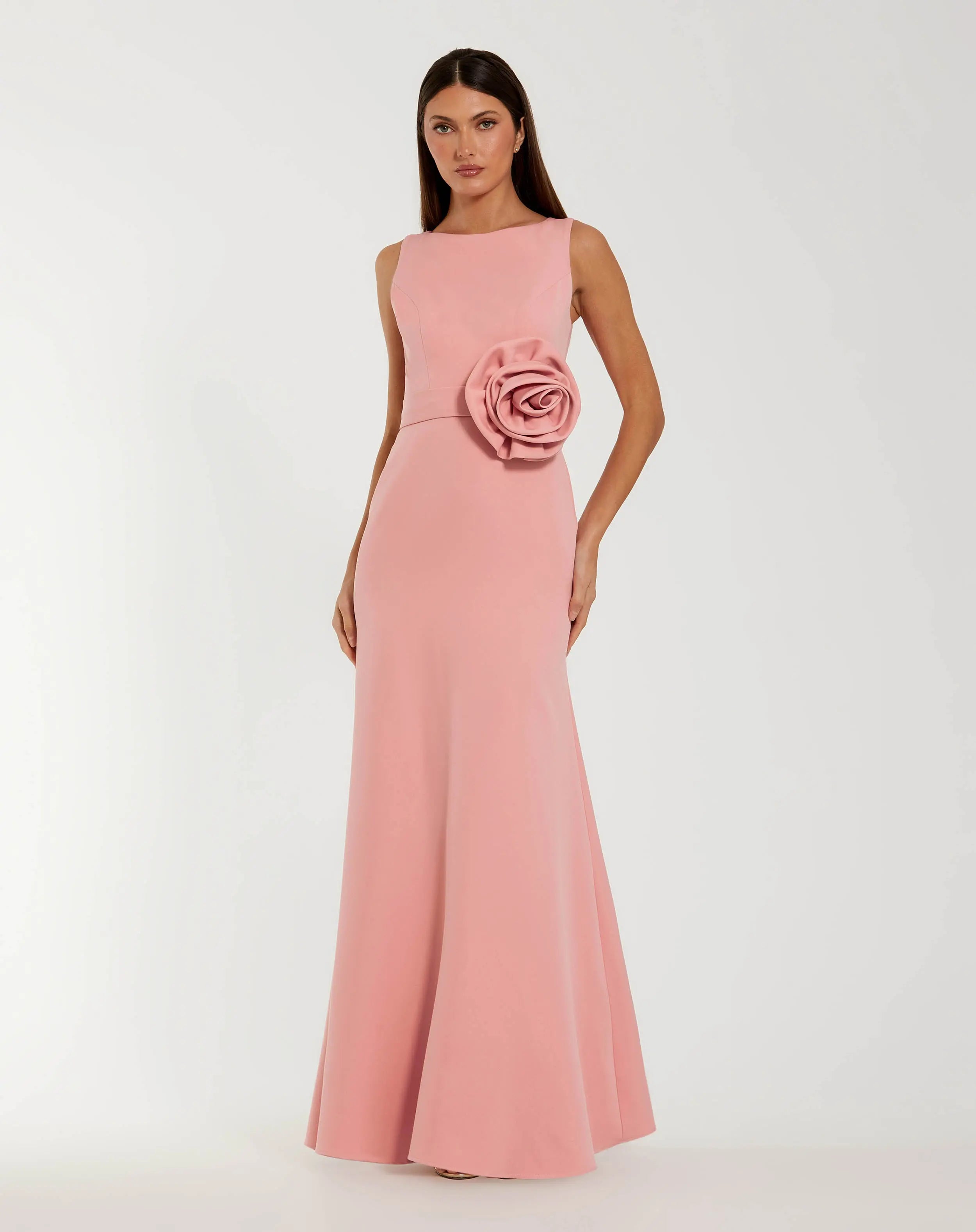 Pink Boat Neck Crepe A Line Gown With Flower | Mac Duggal