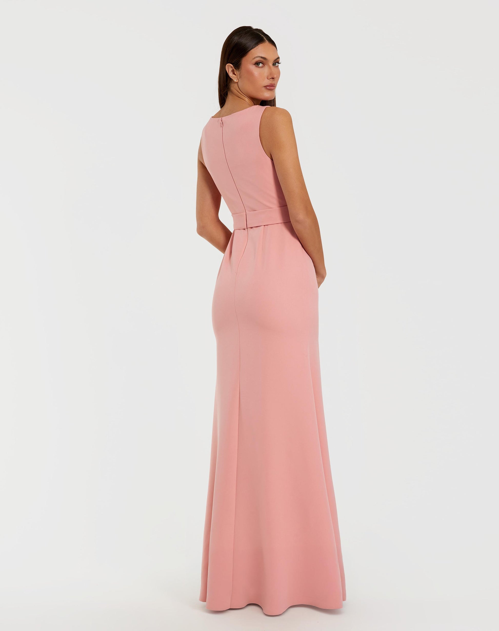 Pink Boat Neck Crepe A Line Gown With Flower Ieena for Mac Duggal