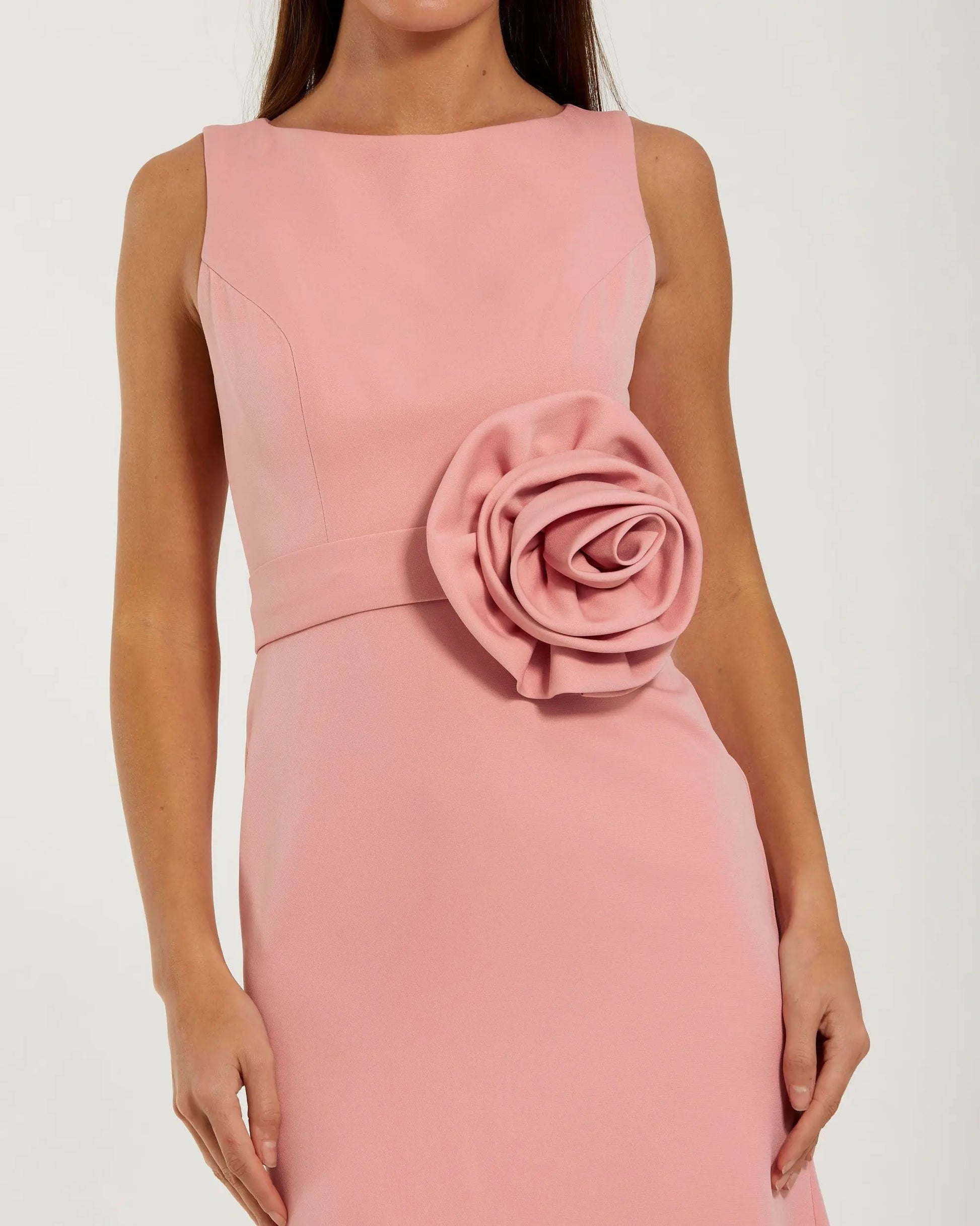 Pink Boat Neck Crepe A Line Gown With Flower | Mac Duggal Pink Boat Neck Crepe A Line Gown With Flower | Mac Duggal