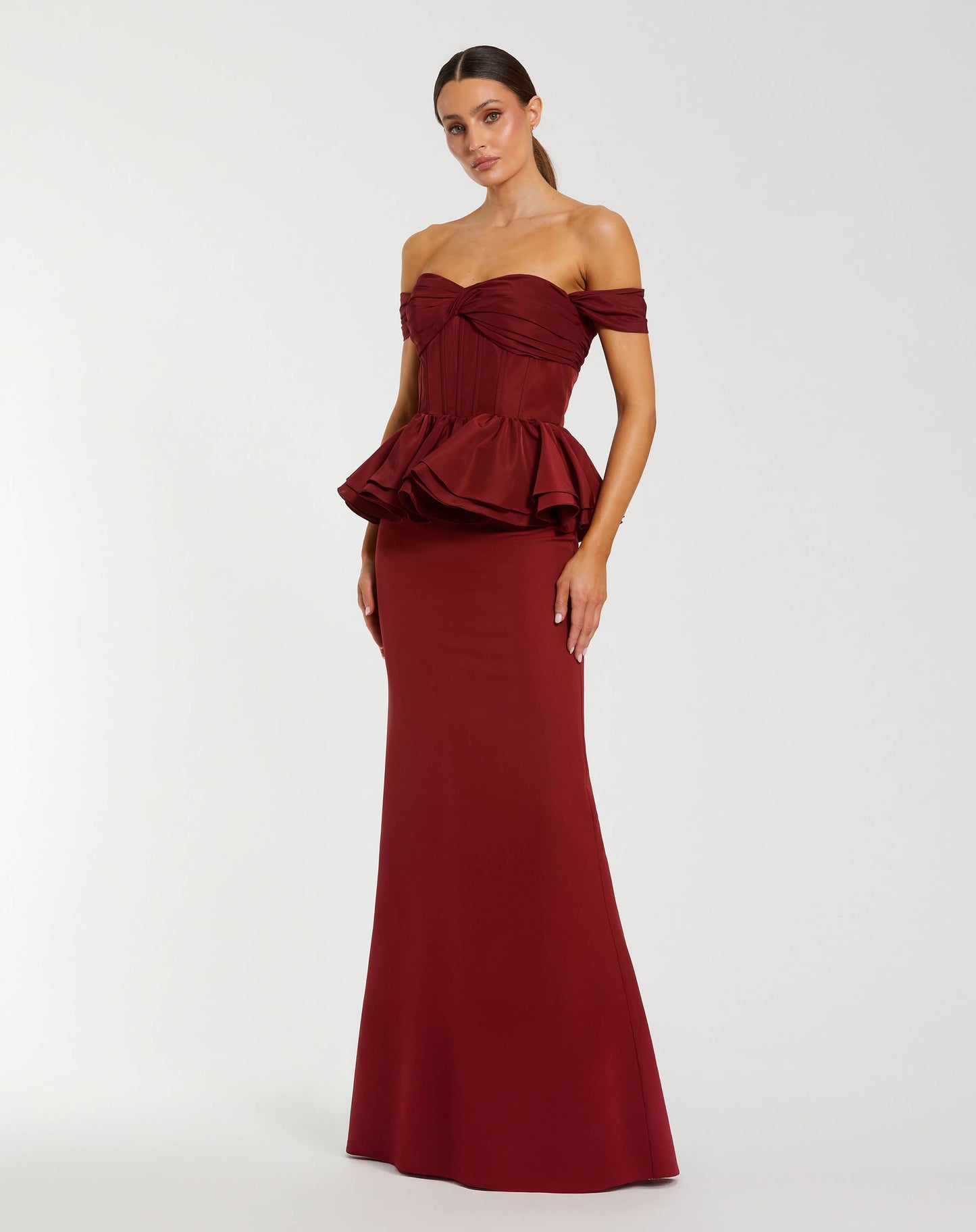 Red Off The Shoulder Peplum Trumpet Gown - Ieena for Mac Duggal