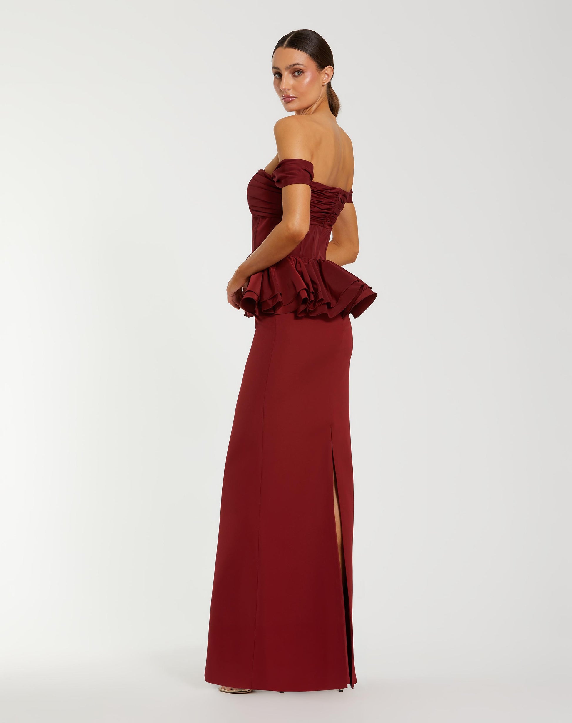 Red Off The Shoulder Peplum Trumpet Gown - Ieena for Mac Duggal
