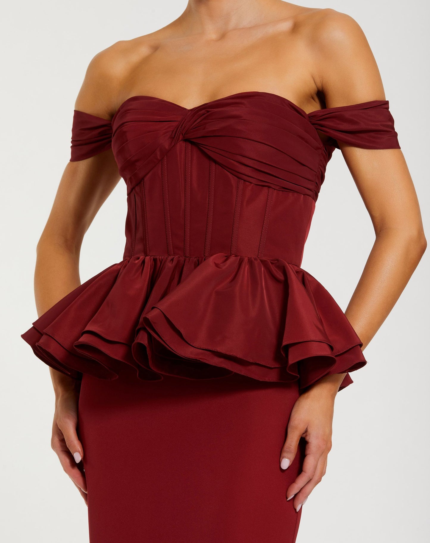 Red Off The Shoulder Peplum Trumpet Gown - Ieena for Mac Duggal