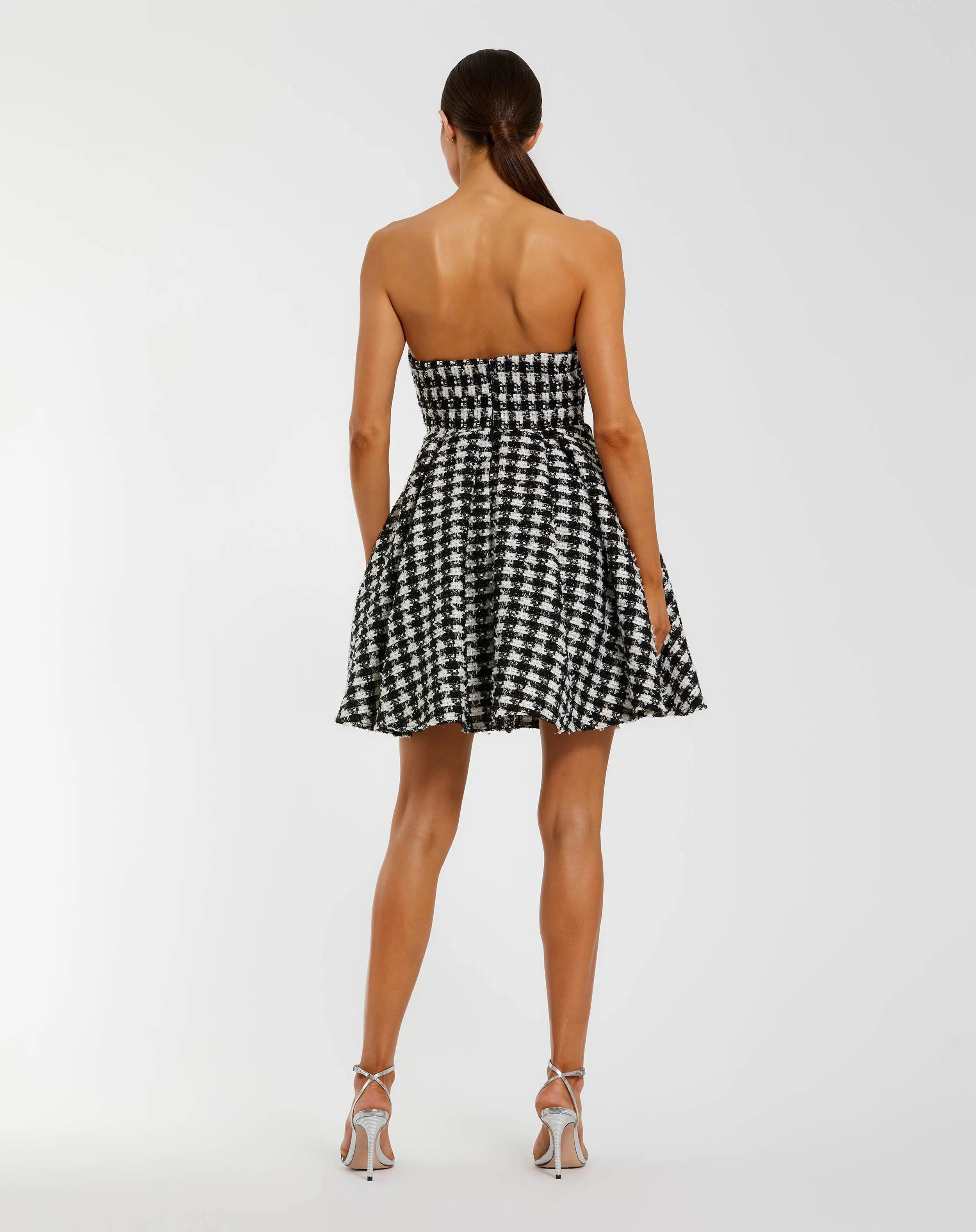 black and white checkered mini dress Black and White Strapless Boucle Mini Dress With Bow