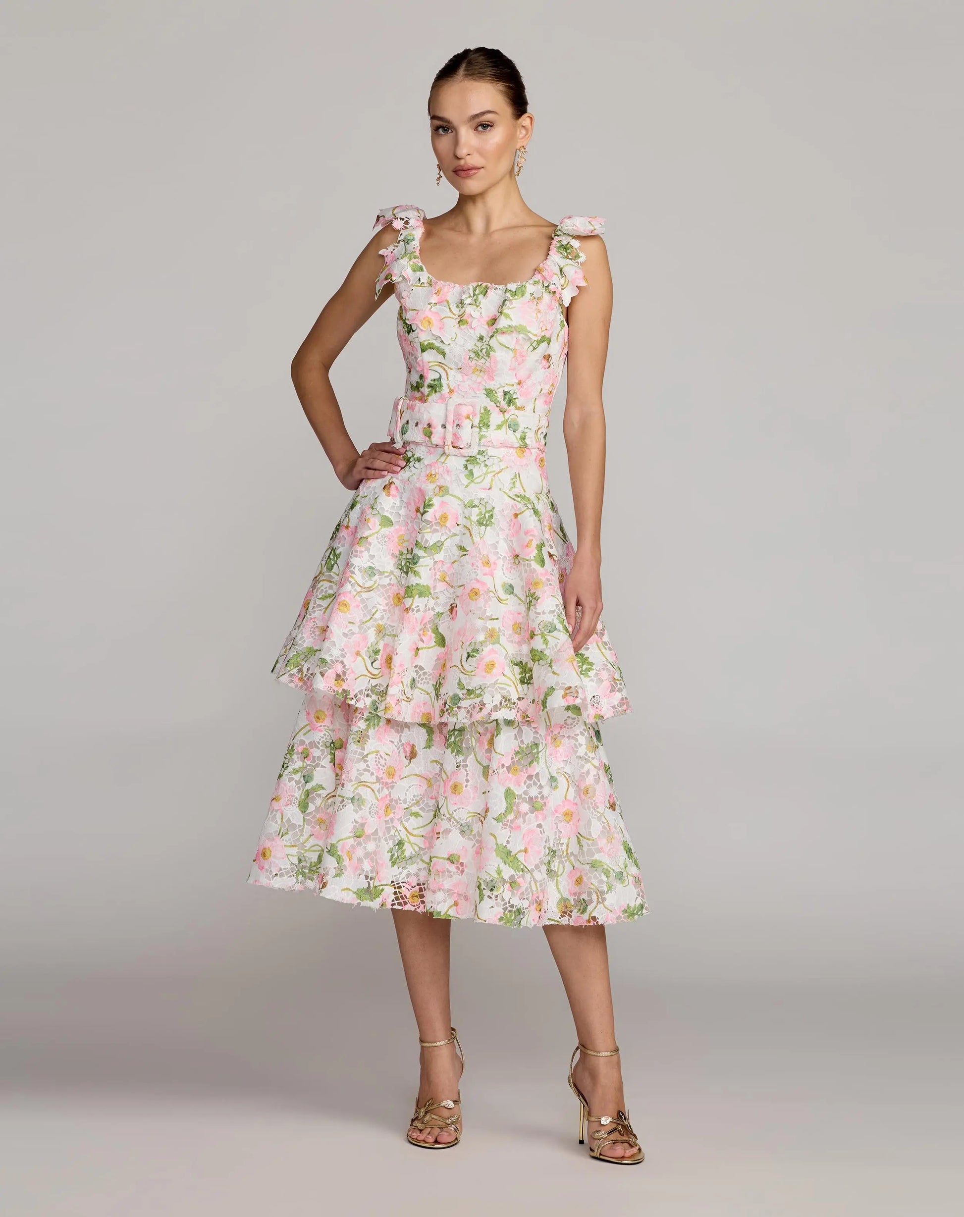 White Multicolor Floral Lace Tiered Midi Dress Ieena for Mac Duggal