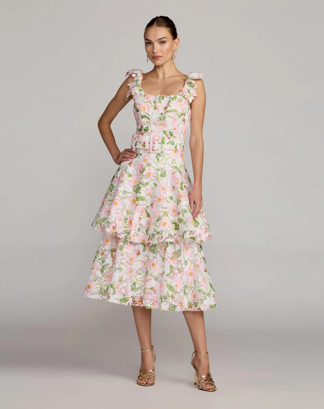 White Multicolor Floral Lace Tiered Midi Dress | Mac Duggal White Multicolor Floral Lace Tiered Midi Dress | Mac Duggal