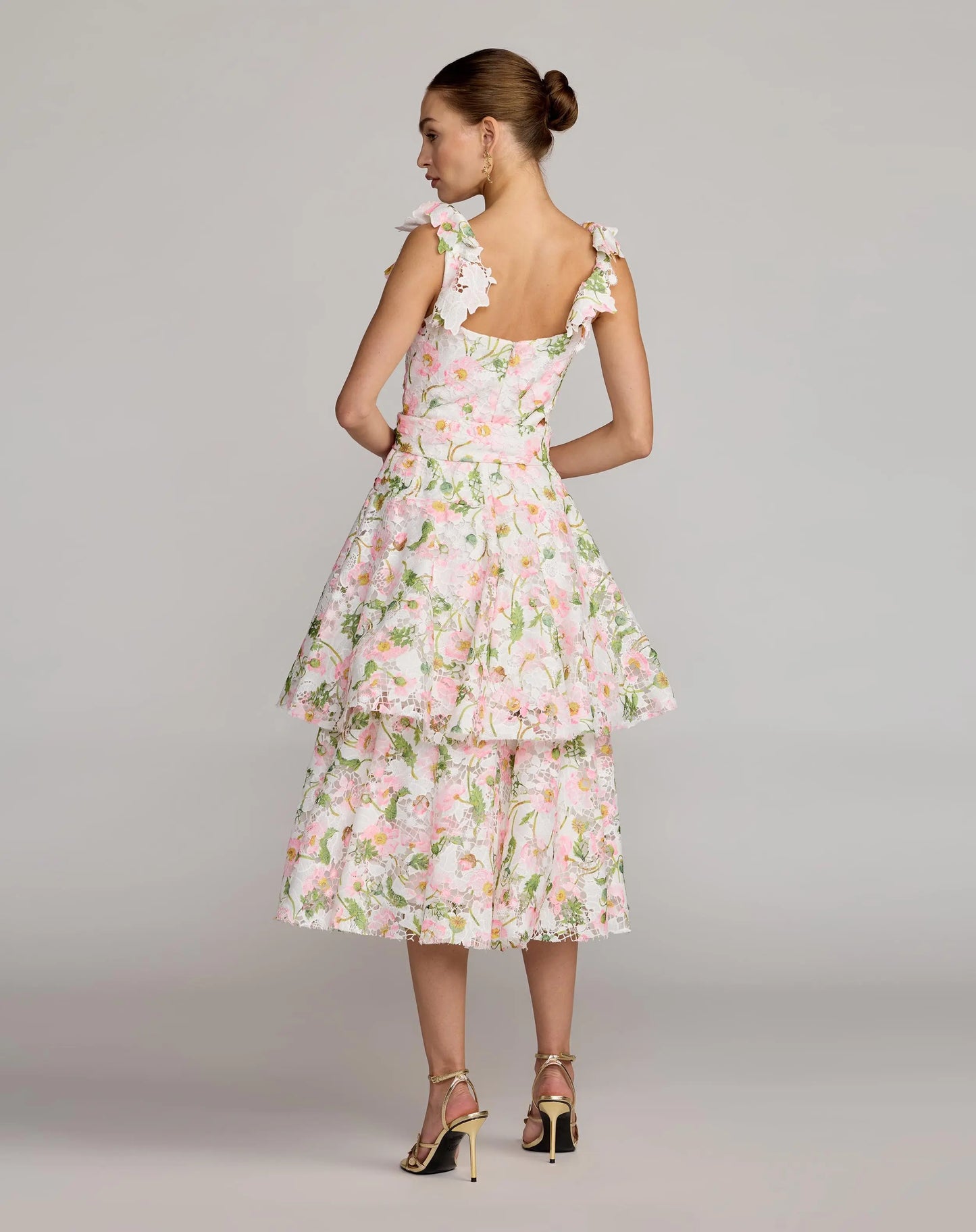 White Multicolor Floral Lace Tiered Midi Dress Ieena for Mac Duggal