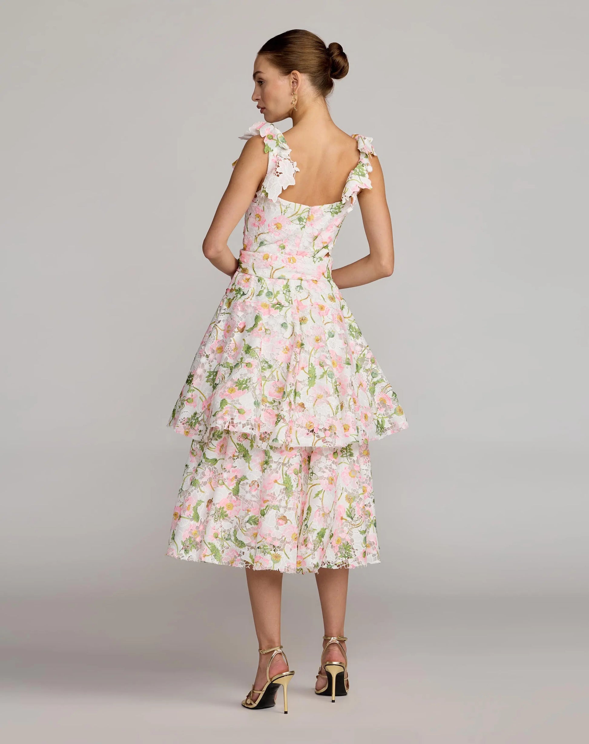 White Multicolor Floral Lace Tiered Midi Dress Ieena for Mac Duggal