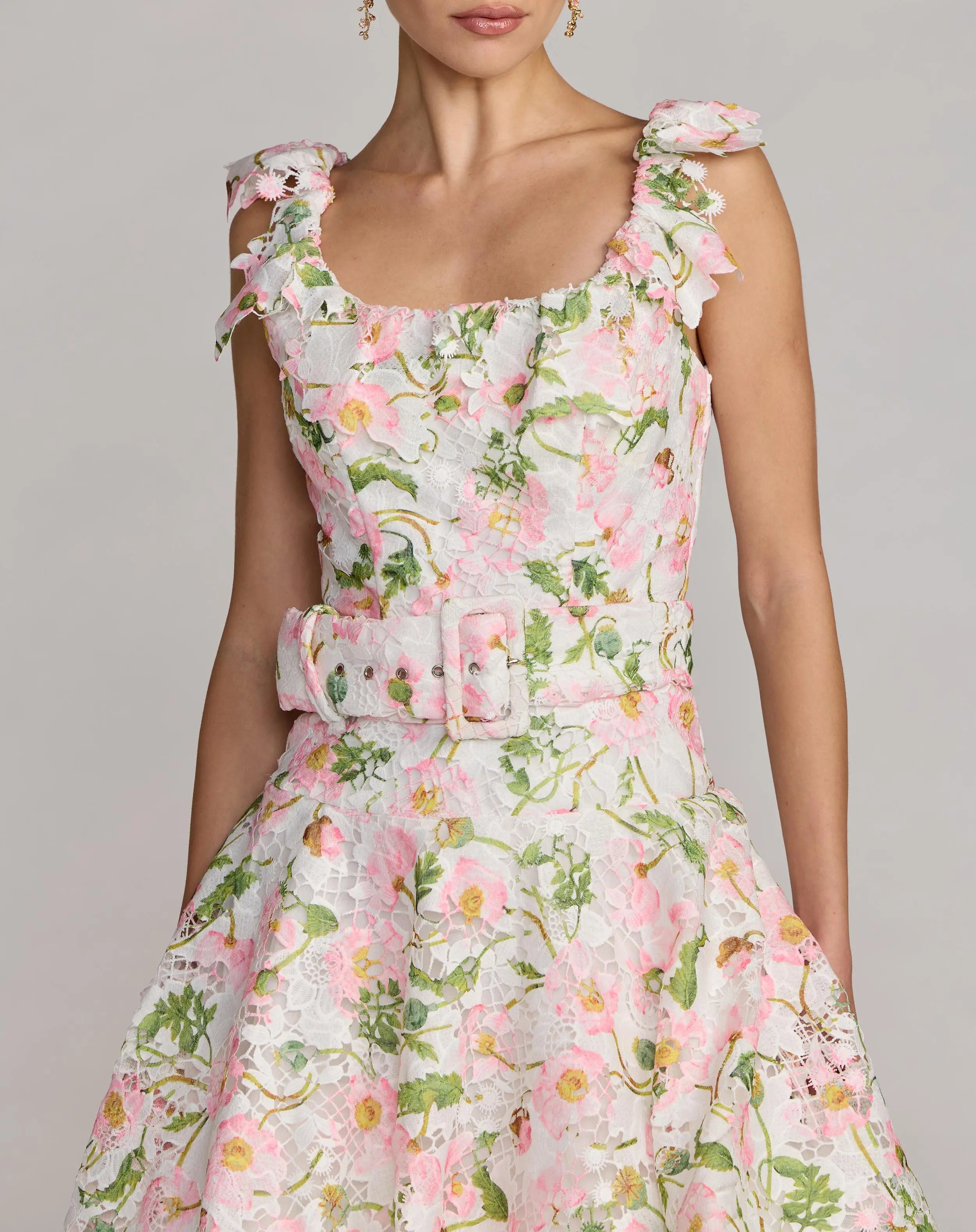 White Multicolor Floral Lace Tiered Midi Dress Ieena for Mac Duggal