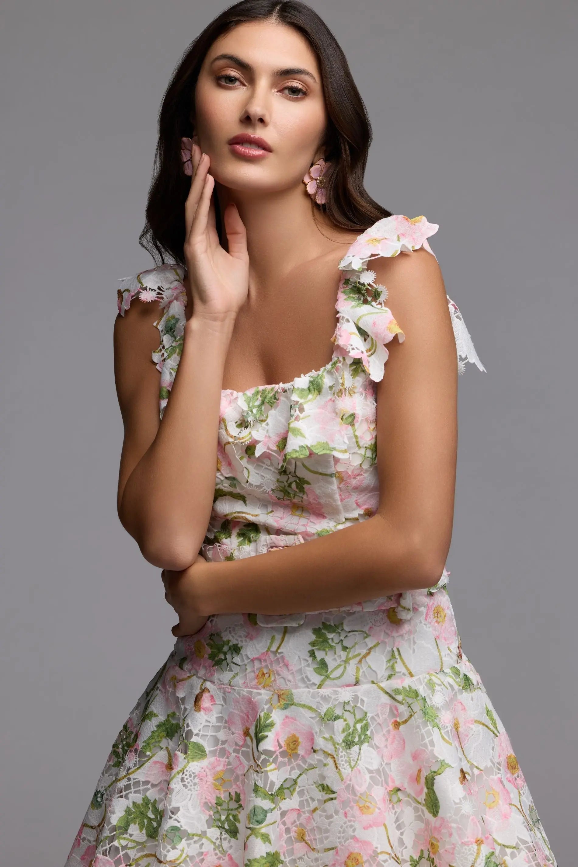 White Multicolor Floral Lace Tiered Midi Dress Ieena for Mac Duggal