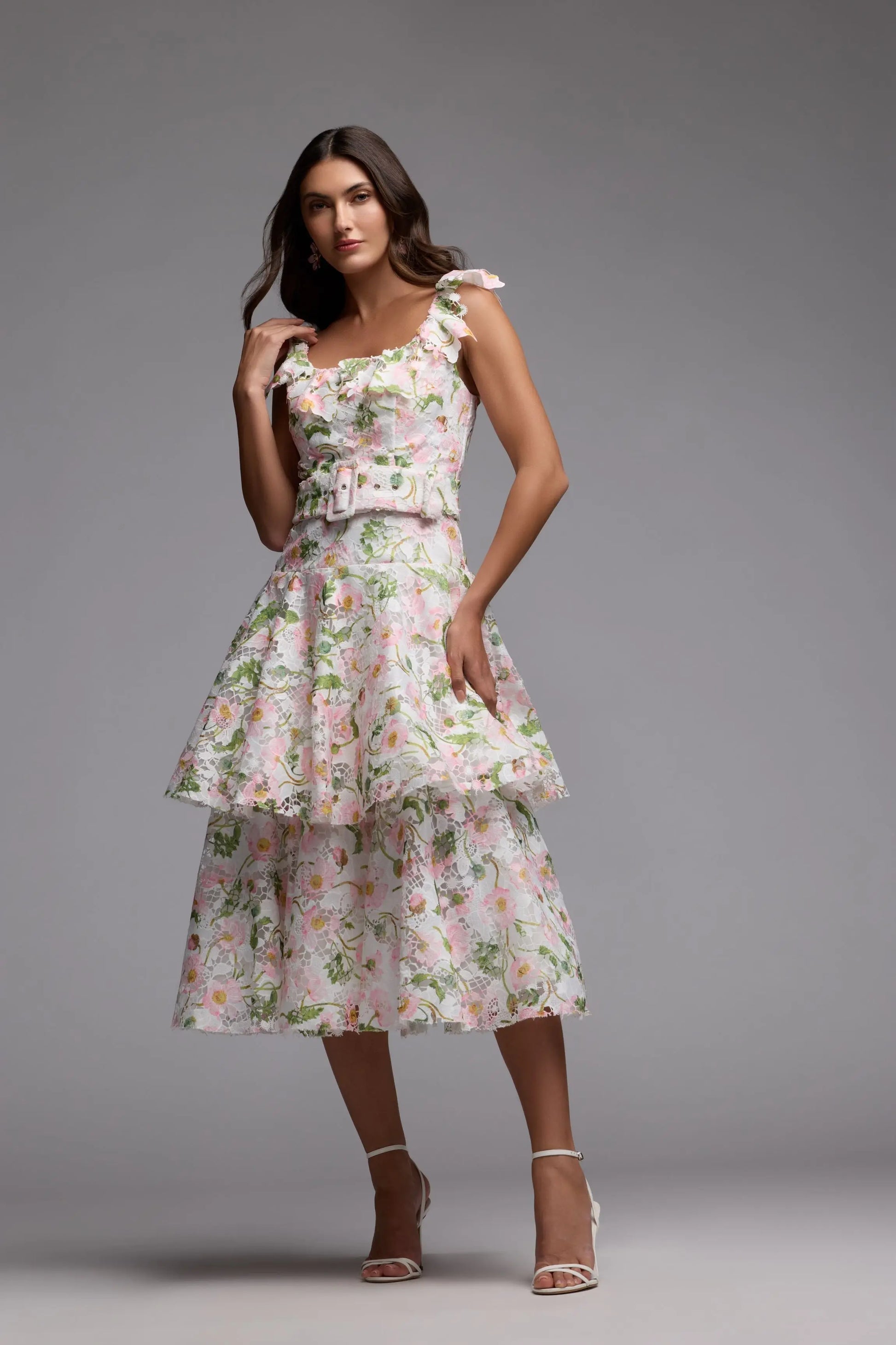 White Multicolor Floral Lace Tiered Midi Dress Ieena for Mac Duggal