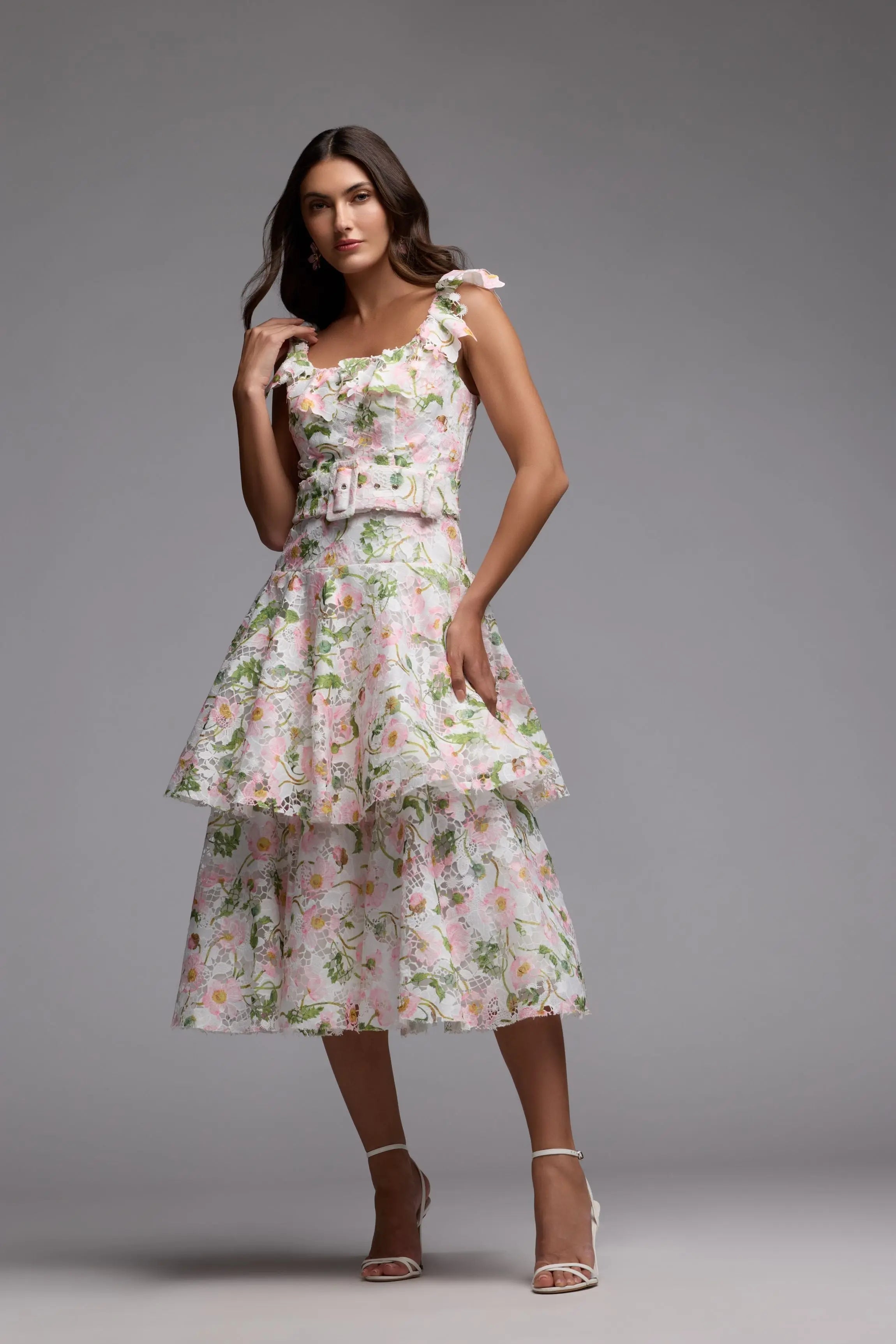 White Multicolor Floral Lace Tiered Midi Dress Ieena for Mac Duggal