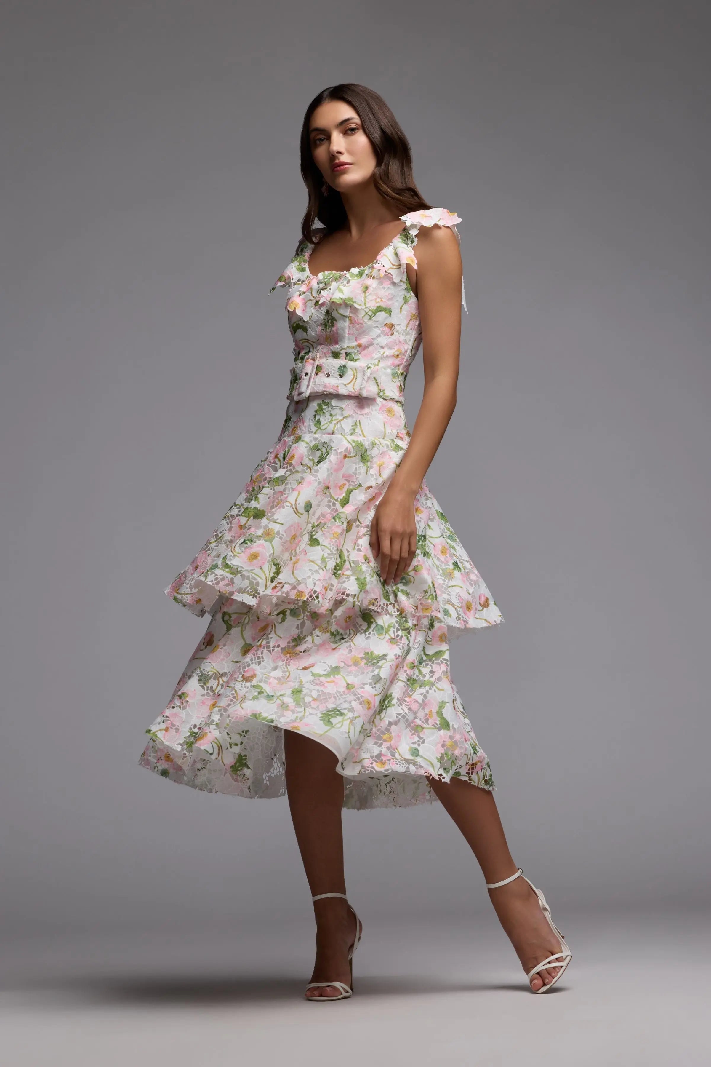 White Multicolor Floral Lace Tiered Midi Dress Ieena for Mac Duggal