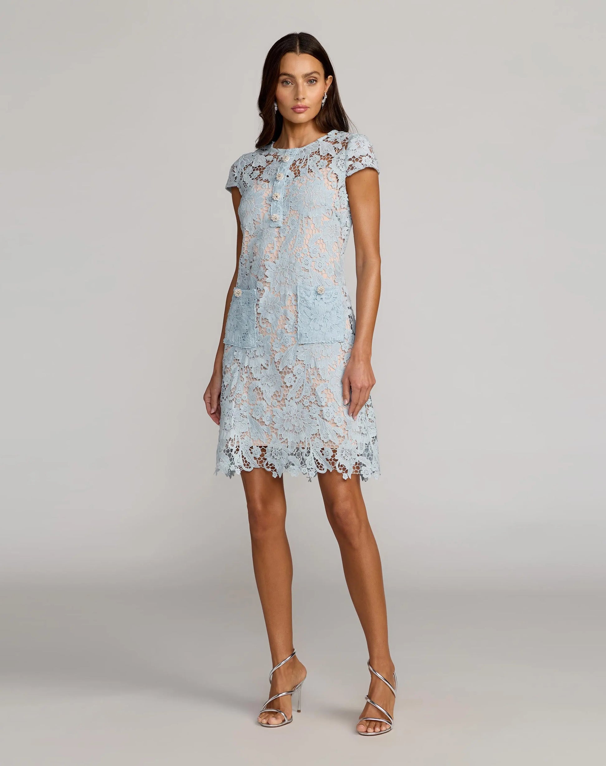 Blue Lace Button Front Mini Dress Ieena for Mac Duggal