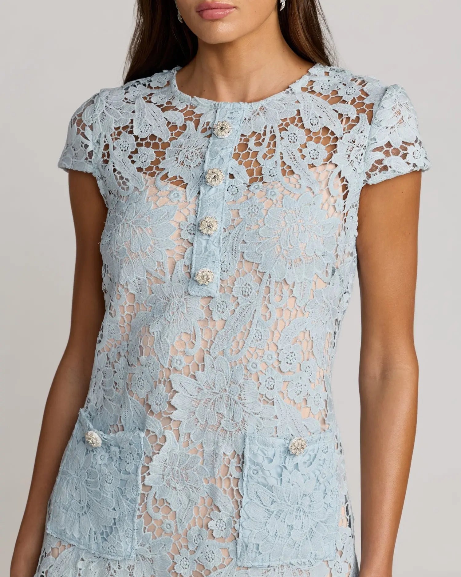 Blue Lace Button Front Mini Dress | Mac Duggal Blue Lace Button Front Mini Dress | Mac Duggal