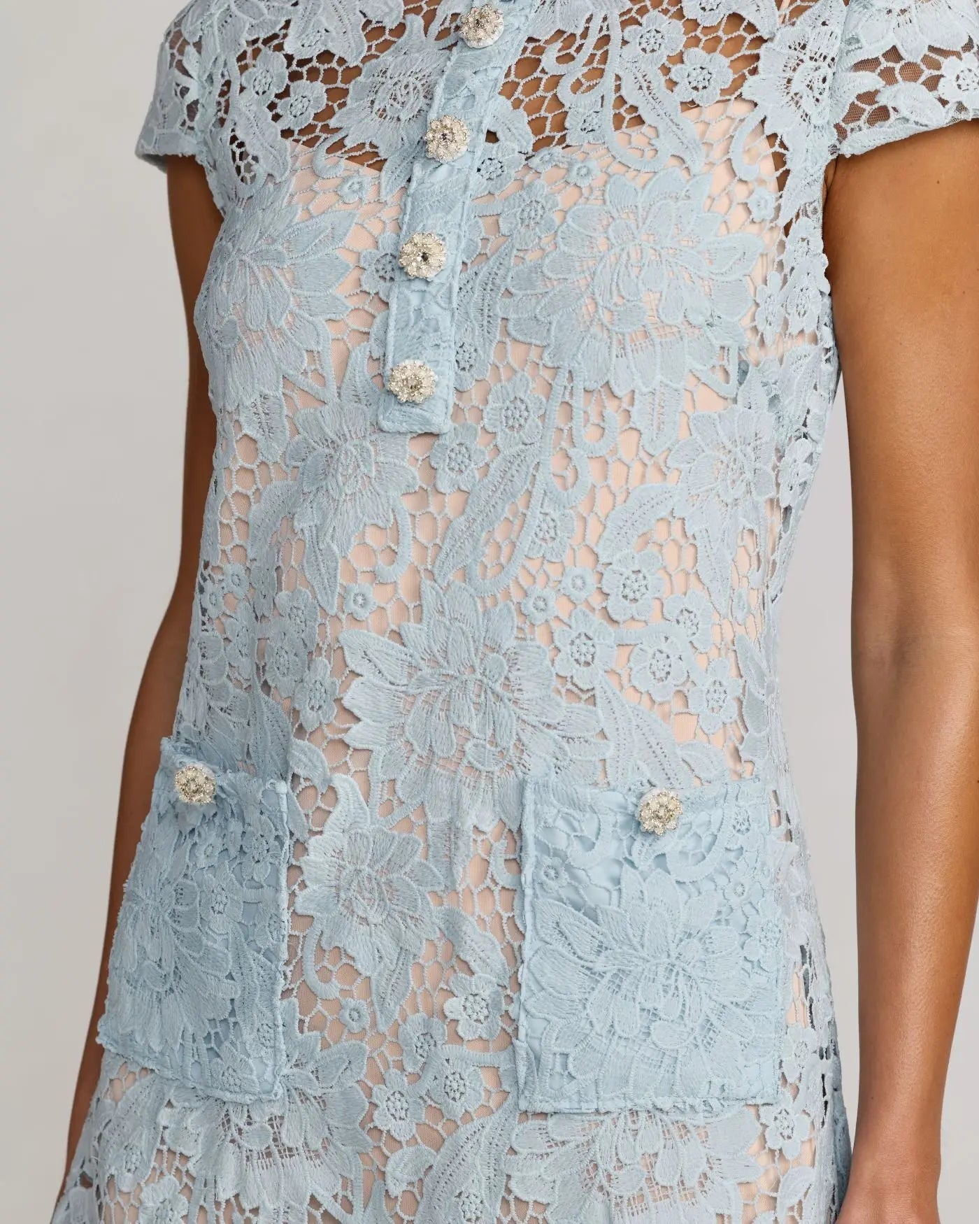 Blue Lace Button Front Mini Dress Ieena for Mac Duggal