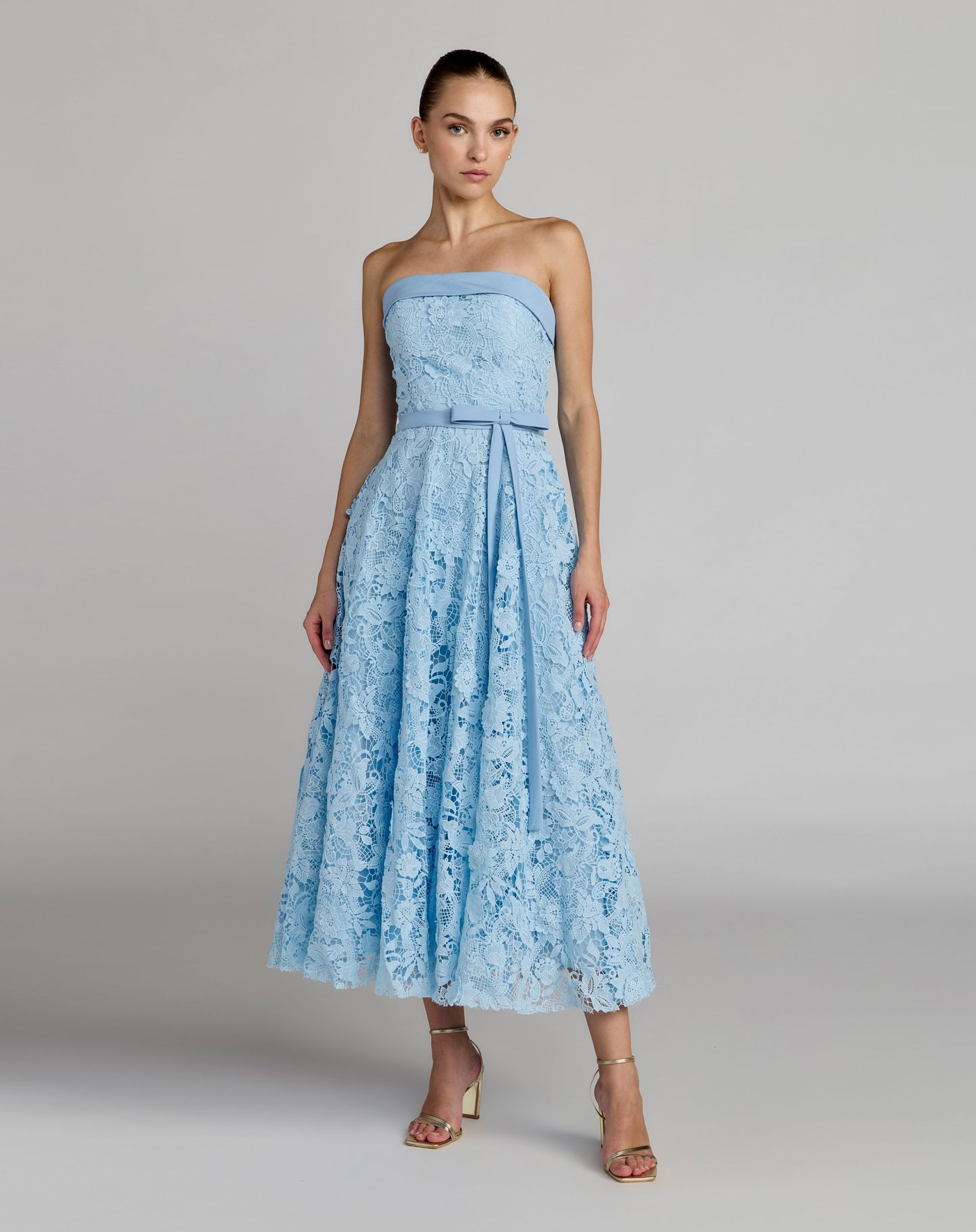 Blue Embroidered Lace Strapless Midi Dress With Bow Detail - Ieena for Mac Duggal