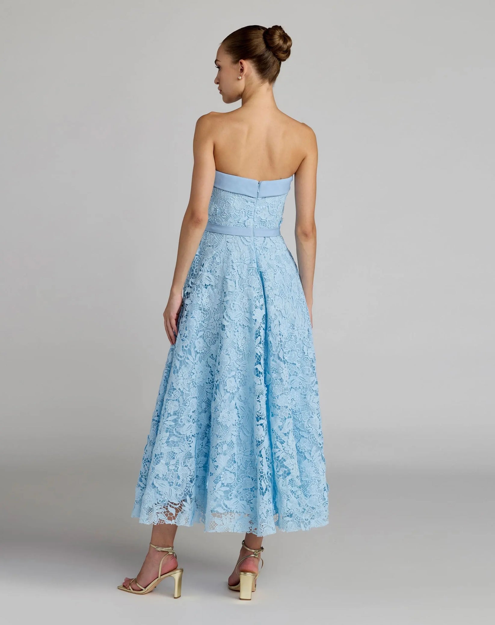 Blue Embroidered Lace Strapless Midi Dress With Bow Detail