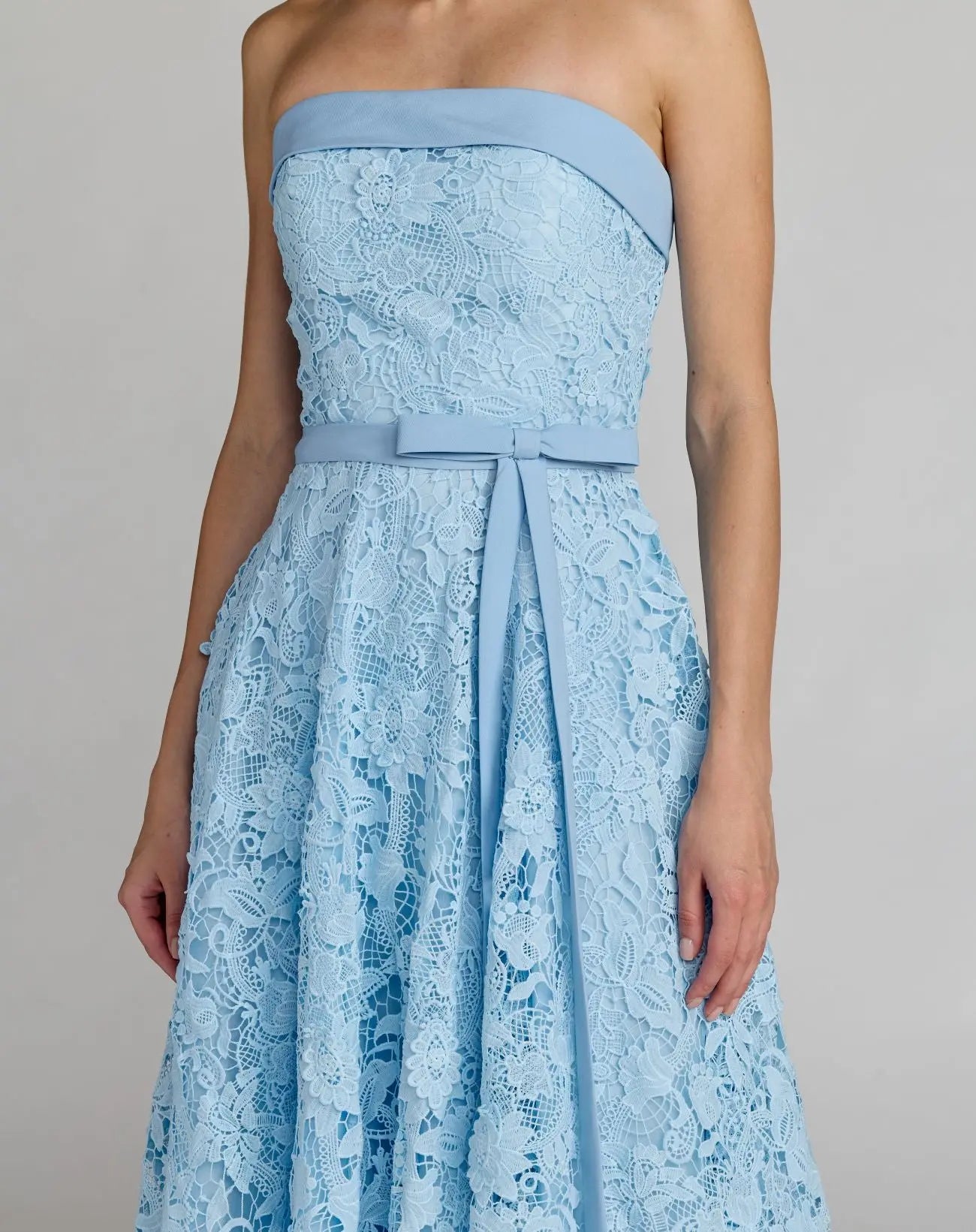 Blue Embroidered Lace Strapless Midi Dress With Bow Detail