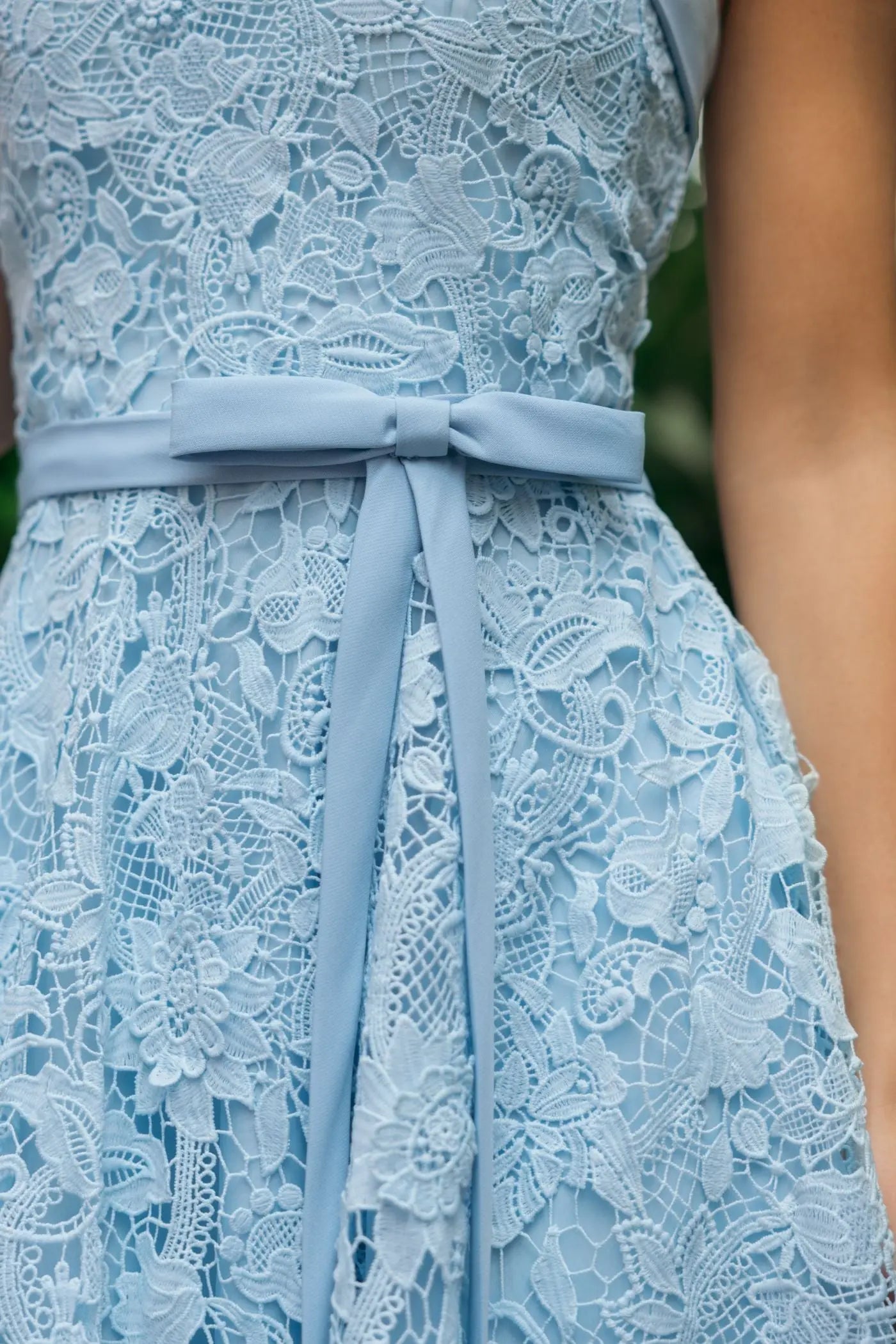 Blue Embroidered Lace Strapless Midi Dress With Bow Detail - Ieena for Mac Duggal